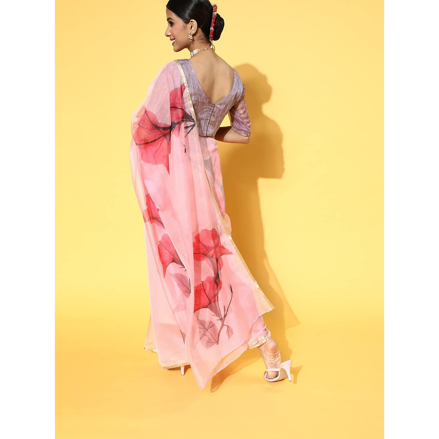 AKHILAM Womens Organza Printed Saree With Unstitched Blouse Piece (Pink_NAVYA1003)