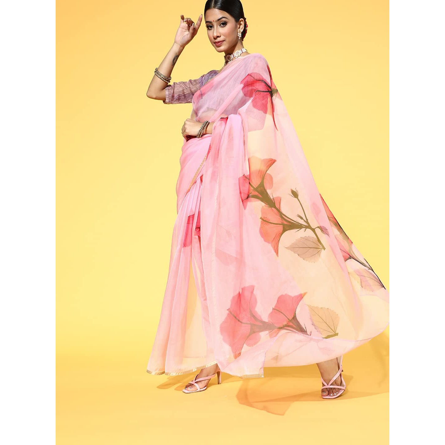 AKHILAM Womens Organza Printed Saree With Unstitched Blouse Piece (Pink_NAVYA1003)