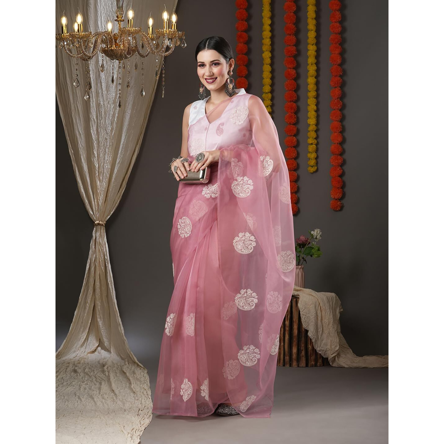 AKHILAM Womens Mauve Organza Bagh Saree With Unstitched Blouse Piece (4KAVI402)