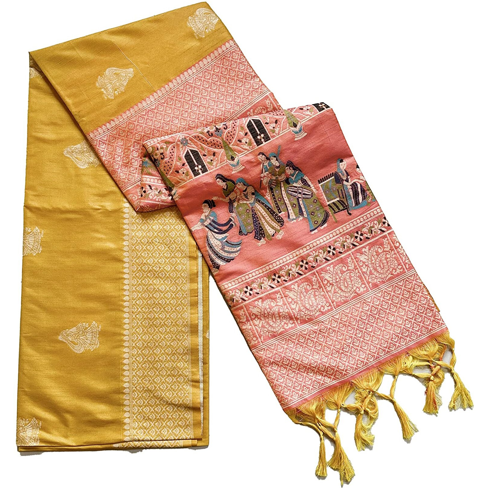 NK Textiles Womens Bride Groom Butta Design Woven with Heavy Pallu Handloom Raw Silk Saree with Tassels (16 COLORS & DESIGNS), Yellow