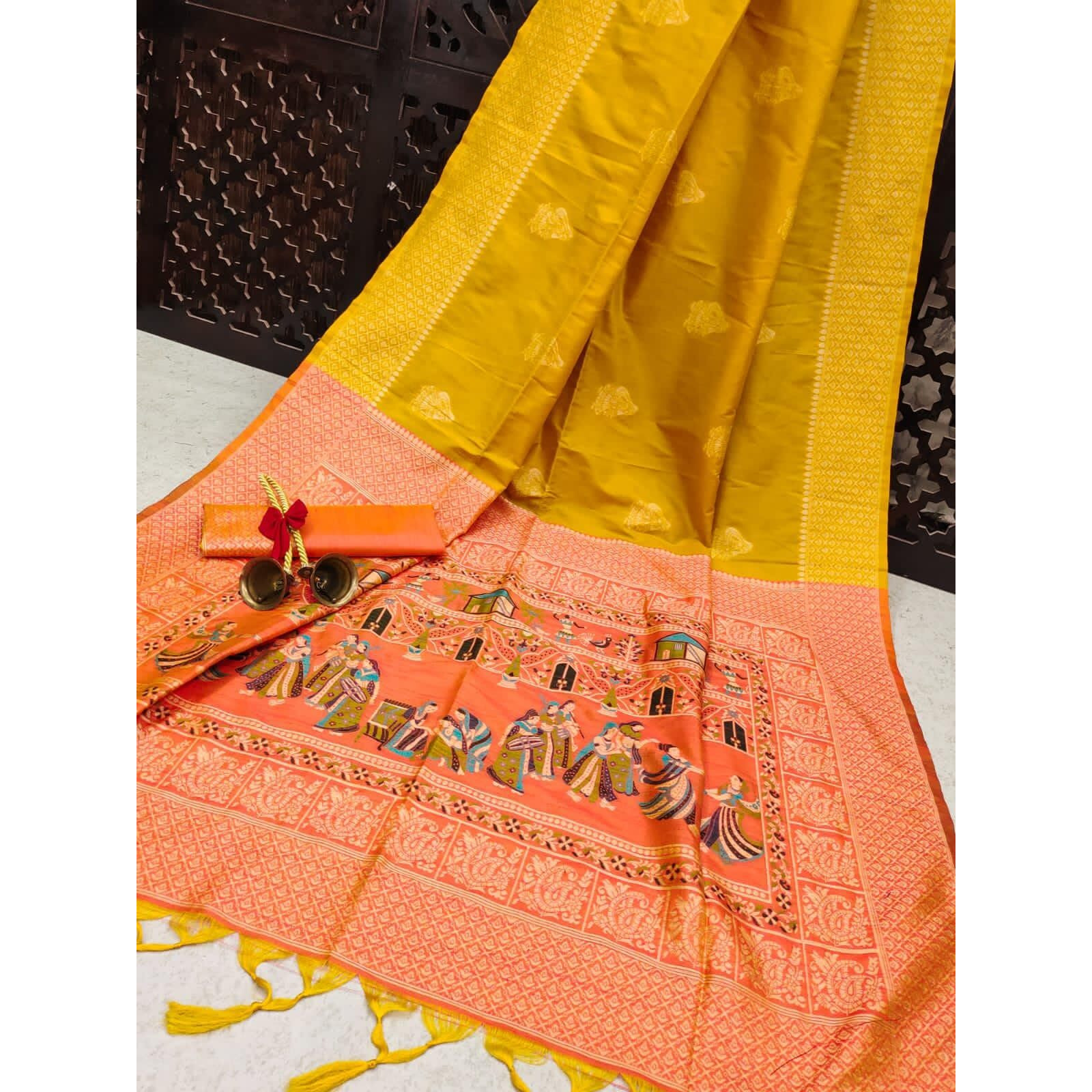 NK Textiles Womens Bride Groom Butta Design Woven with Heavy Pallu Handloom Raw Silk Saree with Tassels (16 COLORS & DESIGNS), Yellow