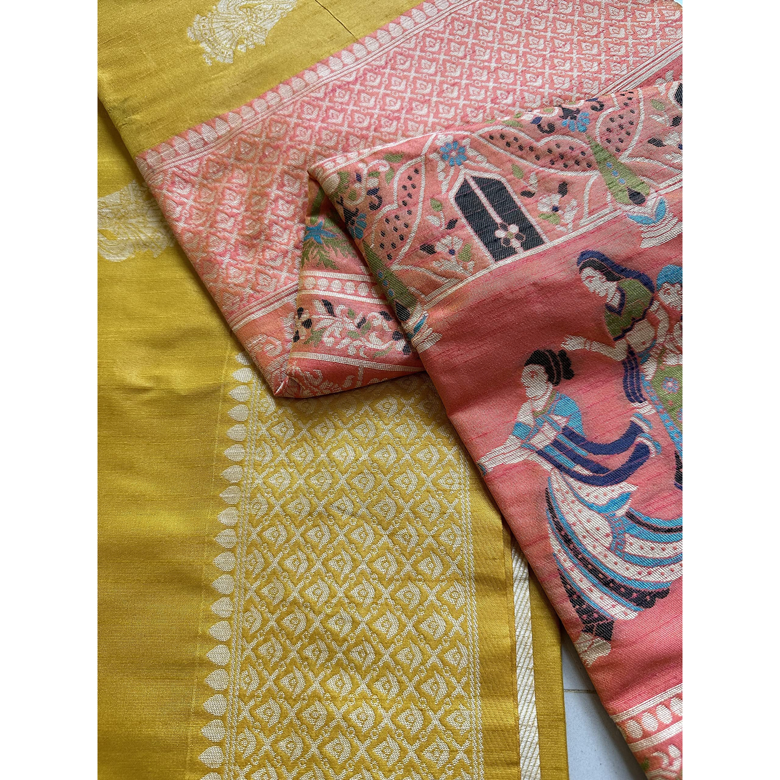 NK Textiles Womens Bride Groom Butta Design Woven with Heavy Pallu Handloom Raw Silk Saree with Tassels (16 COLORS & DESIGNS), Yellow