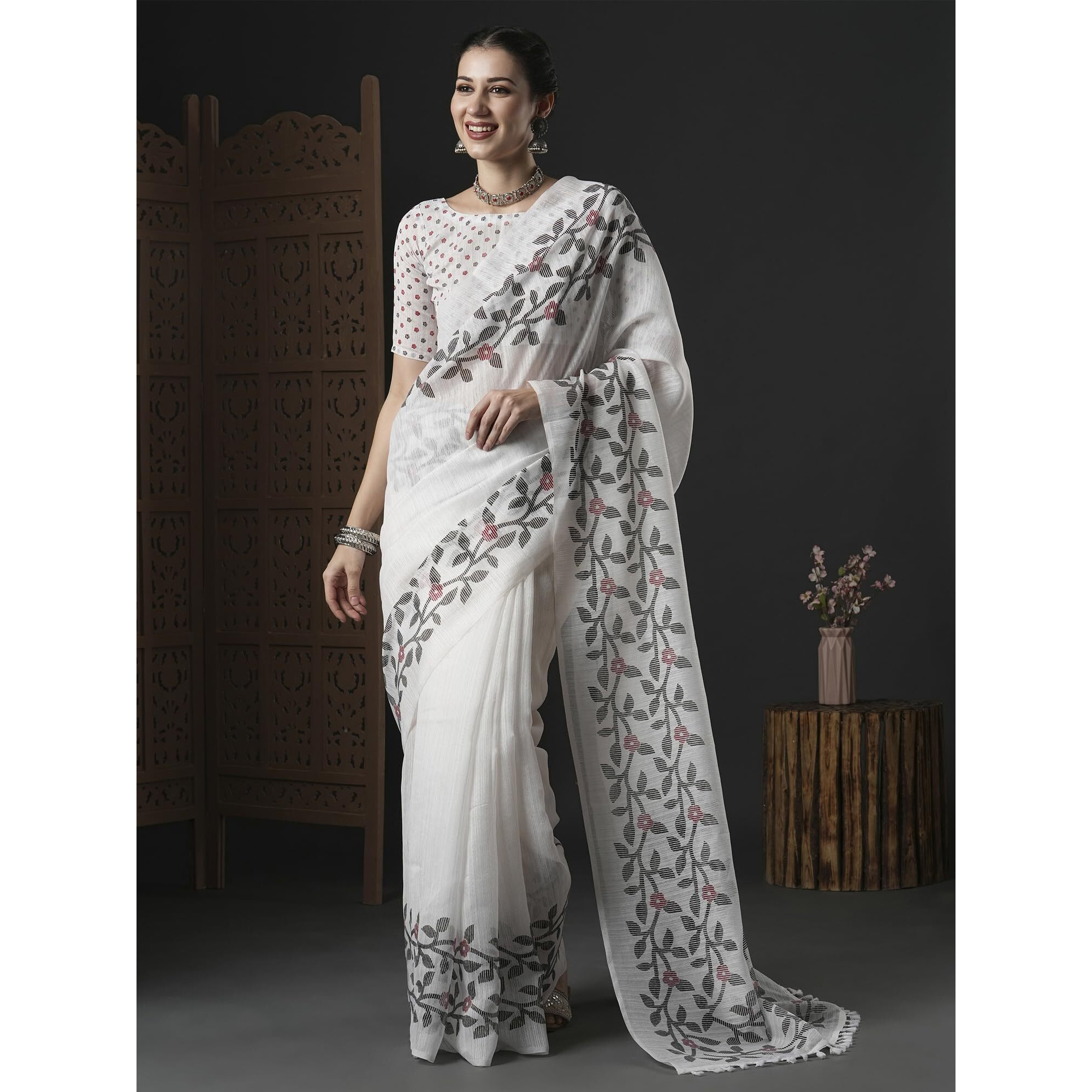 AKHILAM Womens Cotton Slub Botanical Printed Saree With Unstitched Blouse Piece(White_GRNS25C_HS)