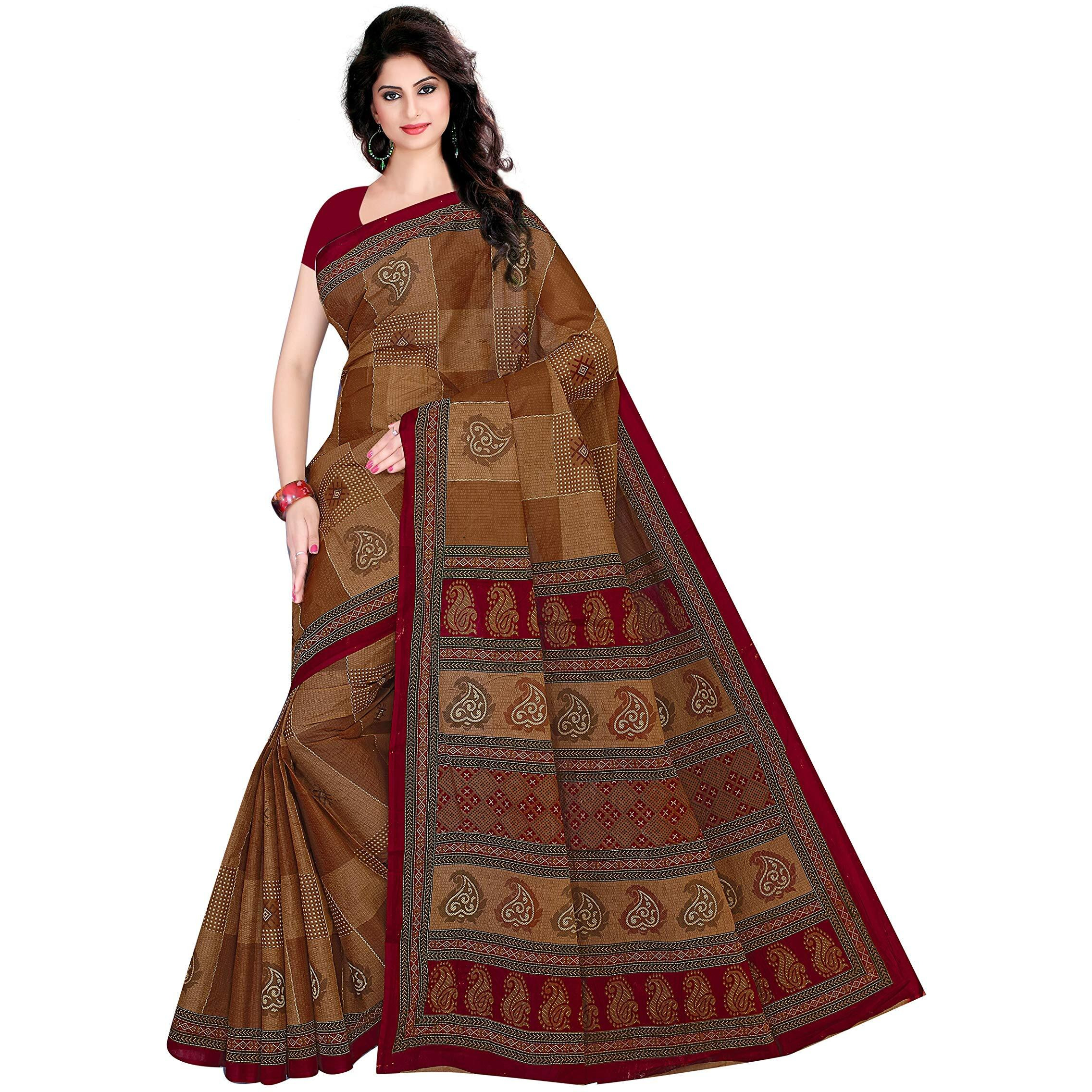 TAMAIRA FASHION Womens Pure Cotton Saree Without Blouse Piece (1445_Brown)