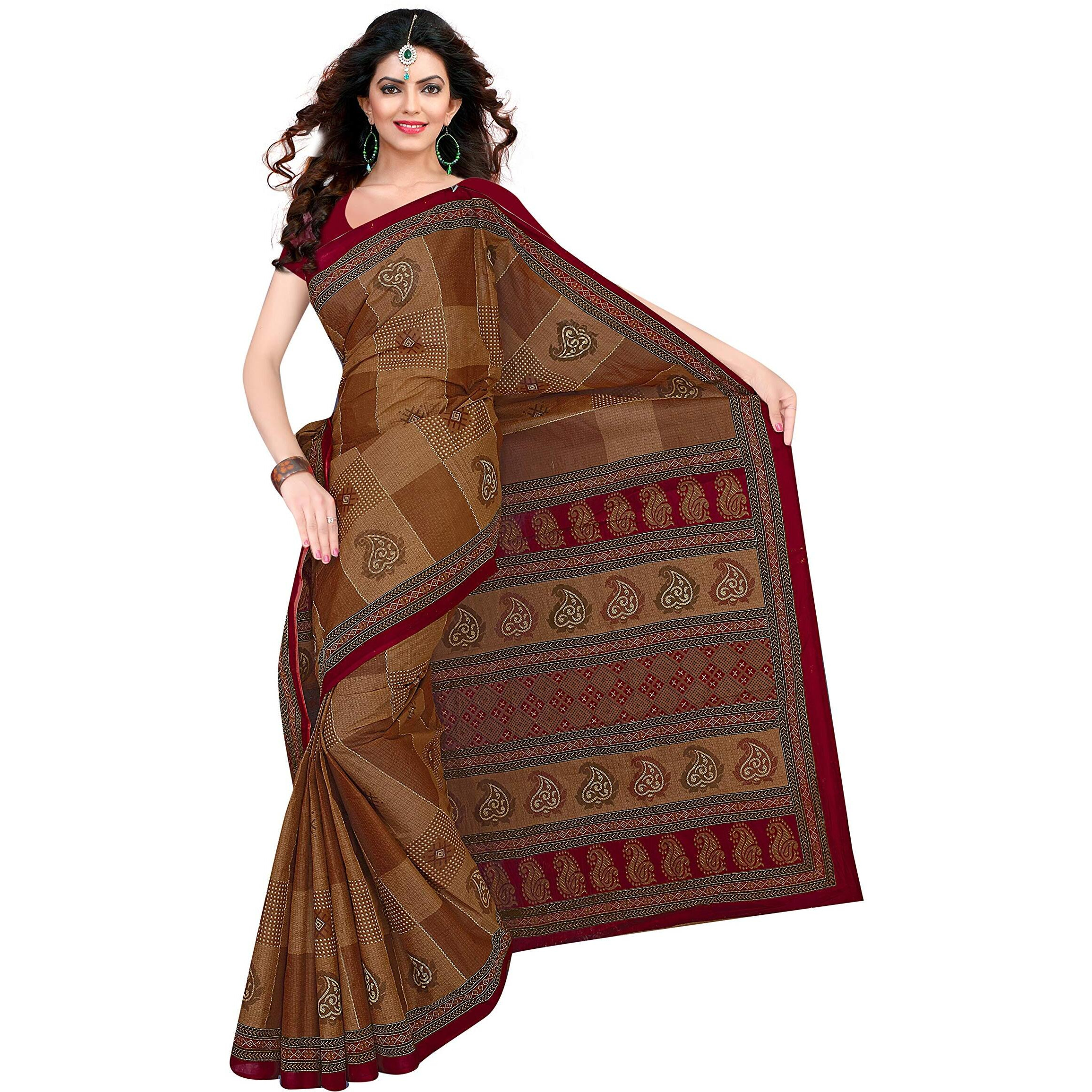 TAMAIRA FASHION Womens Pure Cotton Saree Without Blouse Piece (1445_Brown)