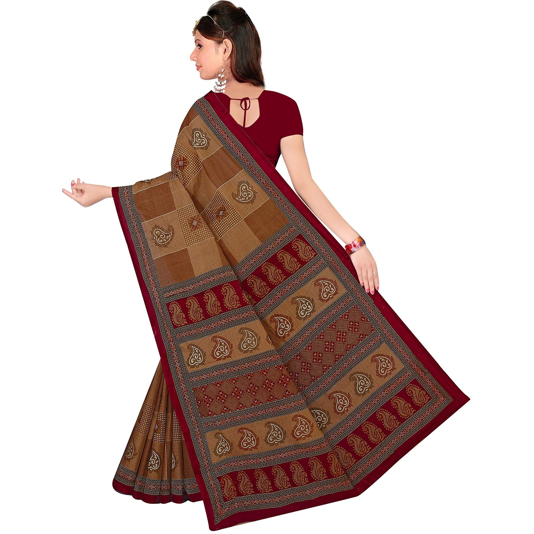 TAMAIRA FASHION Womens Pure Cotton Saree Without Blouse Piece (1445_Brown)