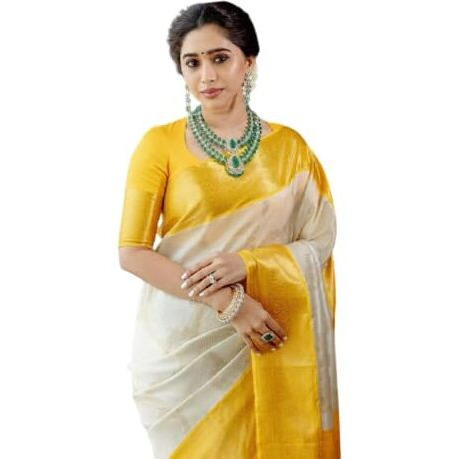 Flosive Womens Sun Yellow&White Golden Zari Shine Soft Kanjivaram Silk Wedding Saree