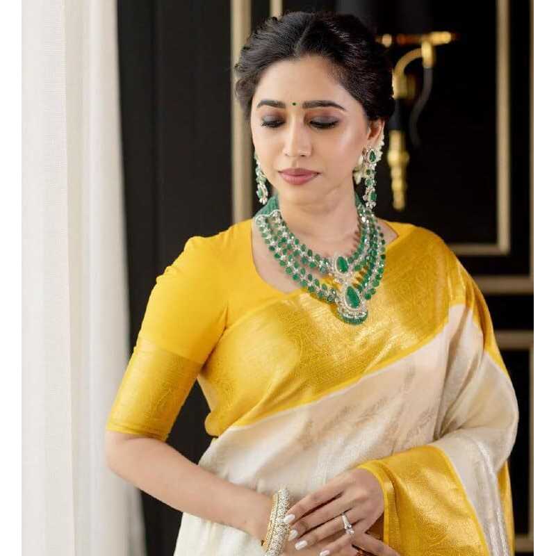 Flosive Womens Sun Yellow&White Golden Zari Shine Soft Kanjivaram Silk Wedding Saree
