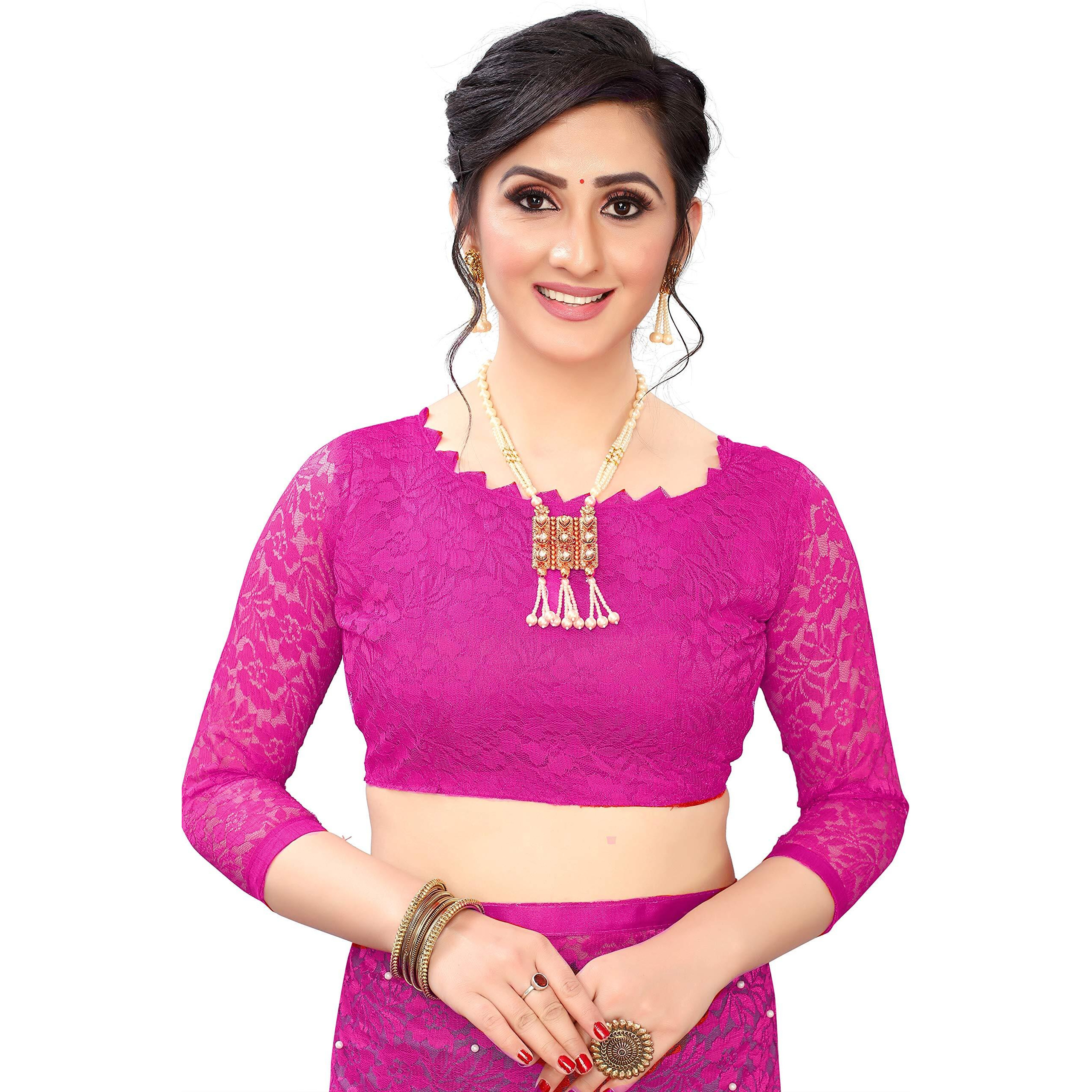 LOROFY Womens Net Saree (With Blouse_Free Size) (Pink)