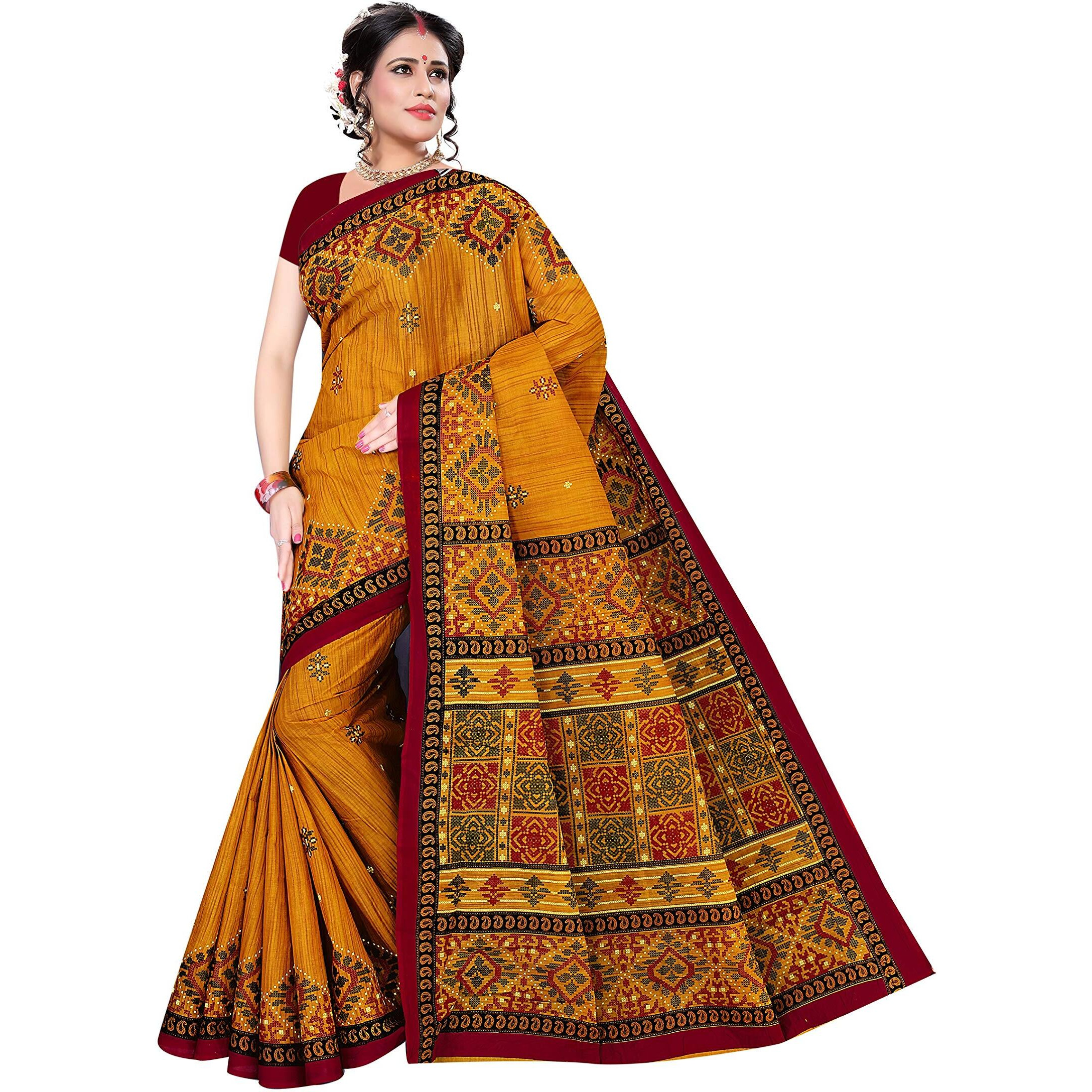 TAMAIRA FASHION Womens Plain Cotton Saree (1456nobp_Mustard)