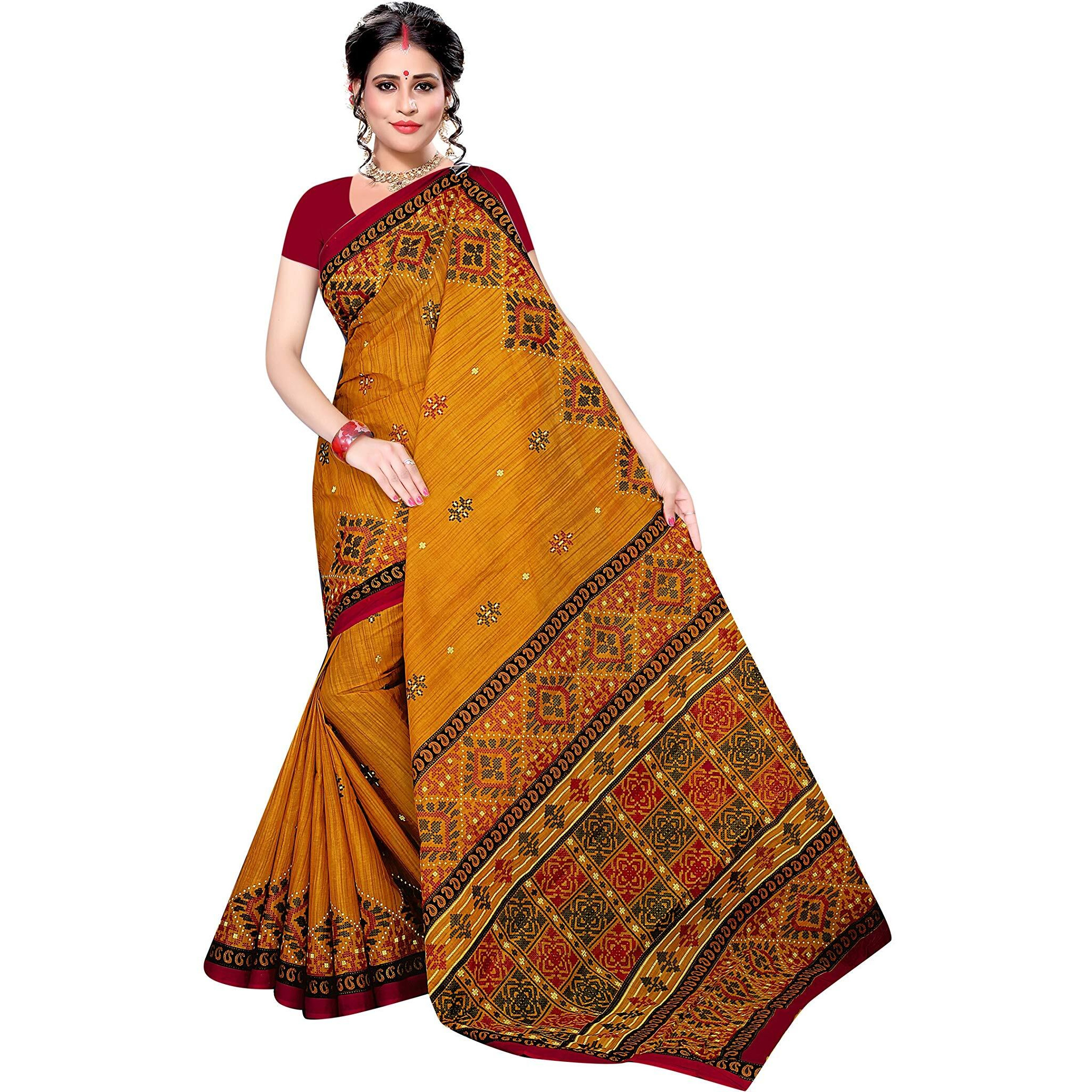 TAMAIRA FASHION Womens Plain Cotton Saree (1456nobp_Mustard)