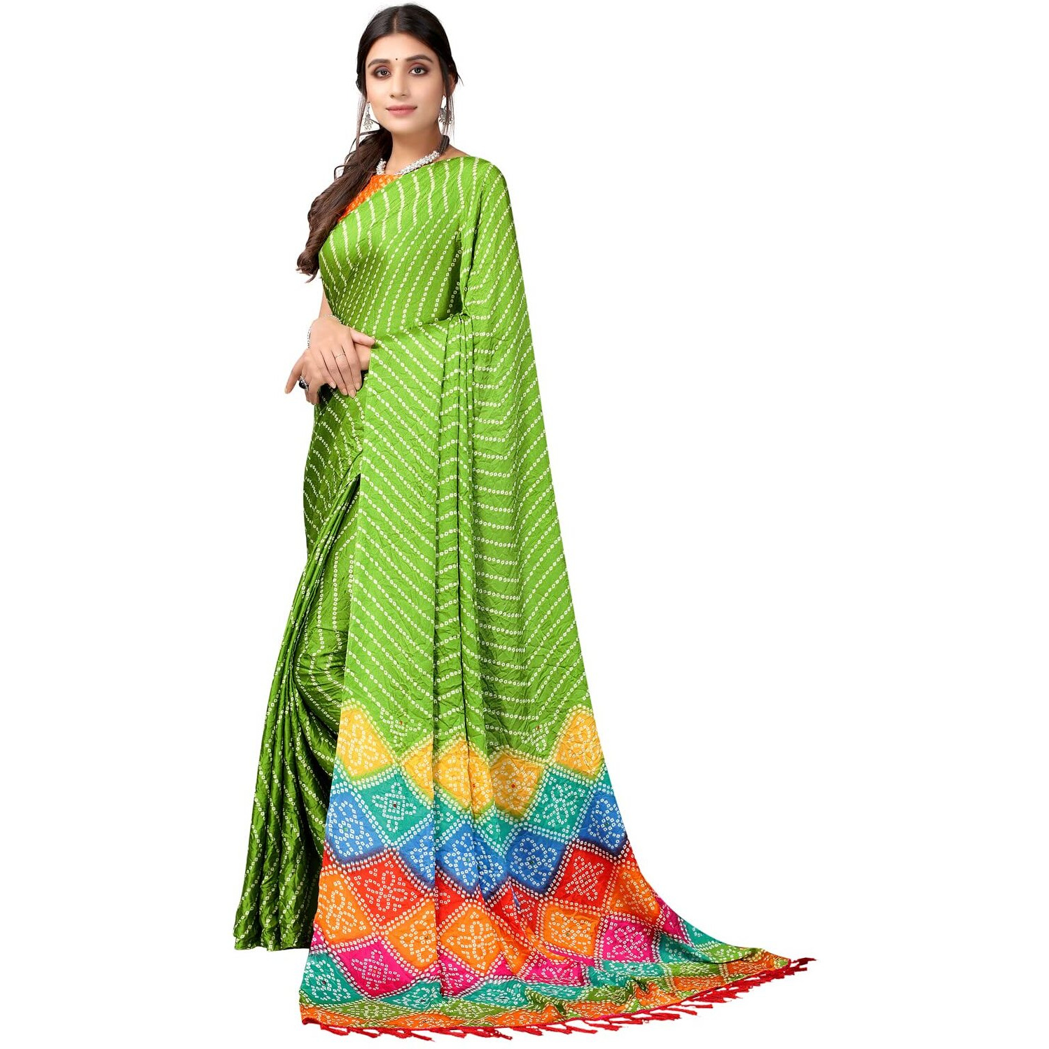 SIRIL Womens Tassel & Bandhani Printed Silk Saree with Unstitched Blouse Piece(2362S562_Parrot Green)