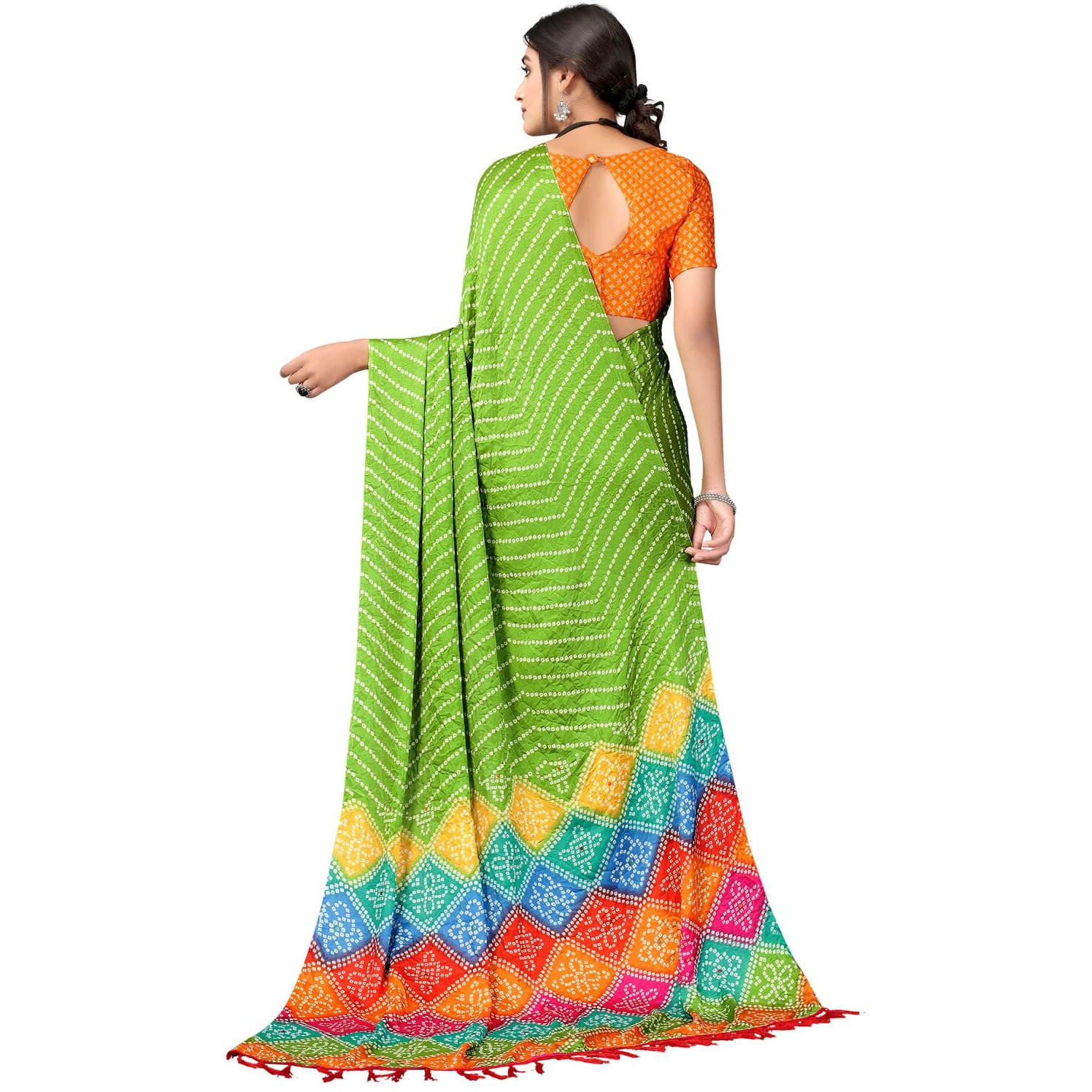 SIRIL Womens Tassel & Bandhani Printed Silk Saree with Unstitched Blouse Piece(2362S562_Parrot Green)