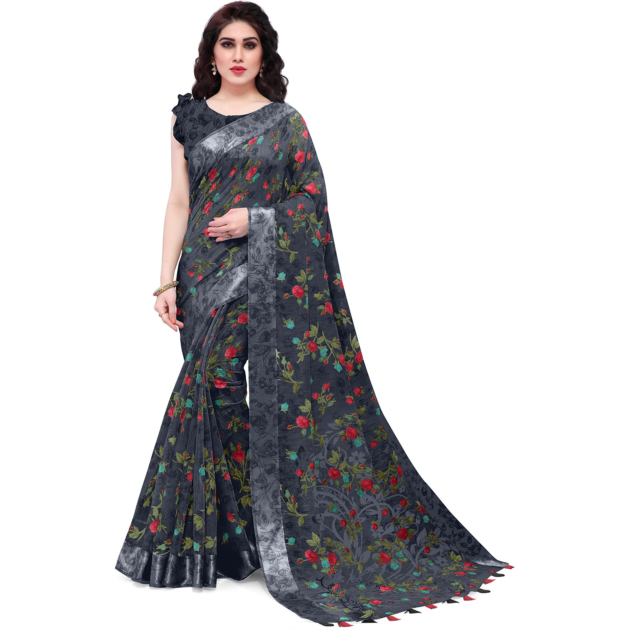 MIRCHI FASHION Womens Plain Weave Cotton Blend Floral Printed Saree with Blouse Piece (33182-Black)