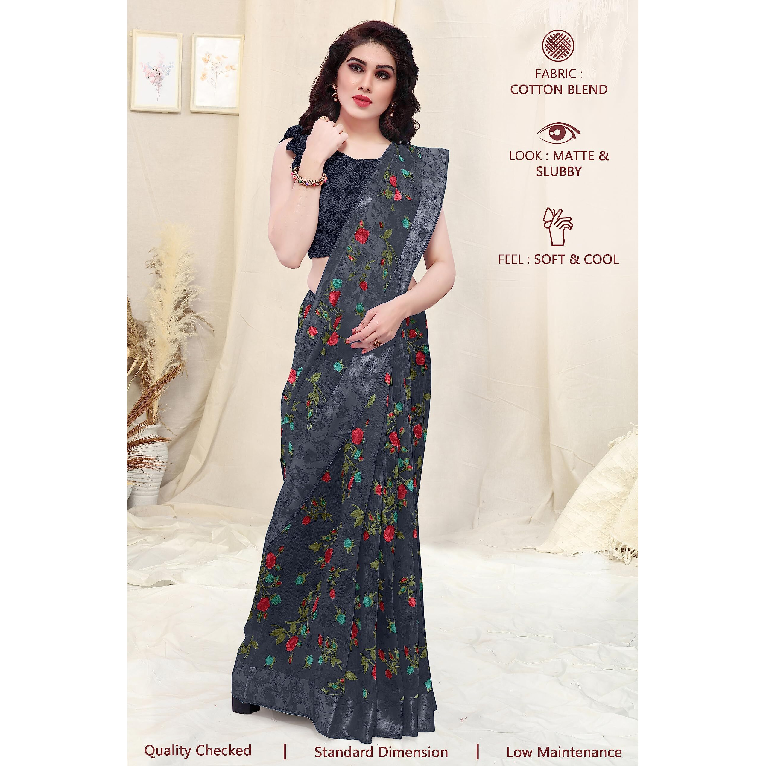 MIRCHI FASHION Womens Plain Weave Cotton Blend Floral Printed Saree with Blouse Piece (33182-Black)