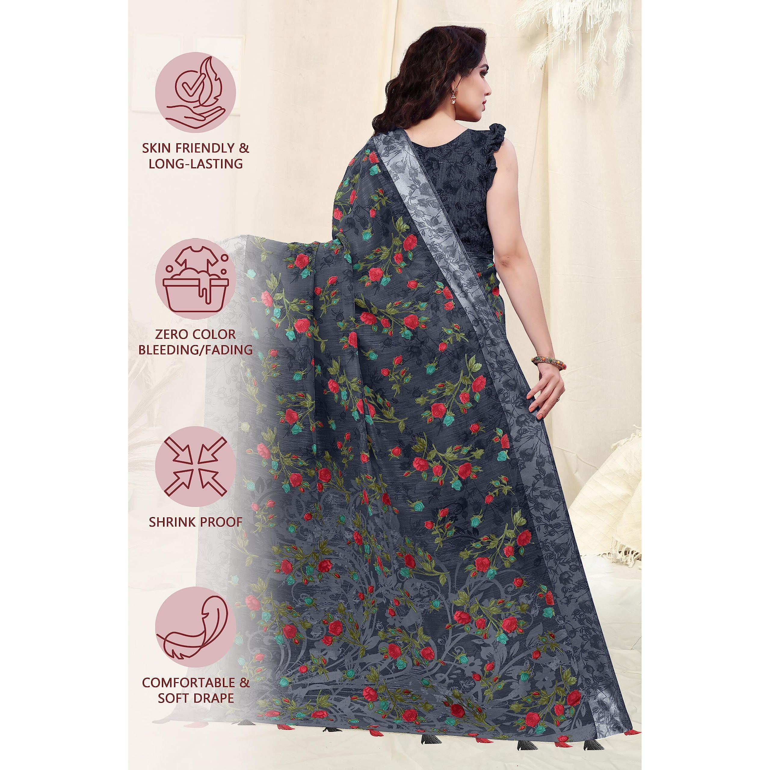 MIRCHI FASHION Womens Plain Weave Cotton Blend Floral Printed Saree with Blouse Piece (33182-Black)