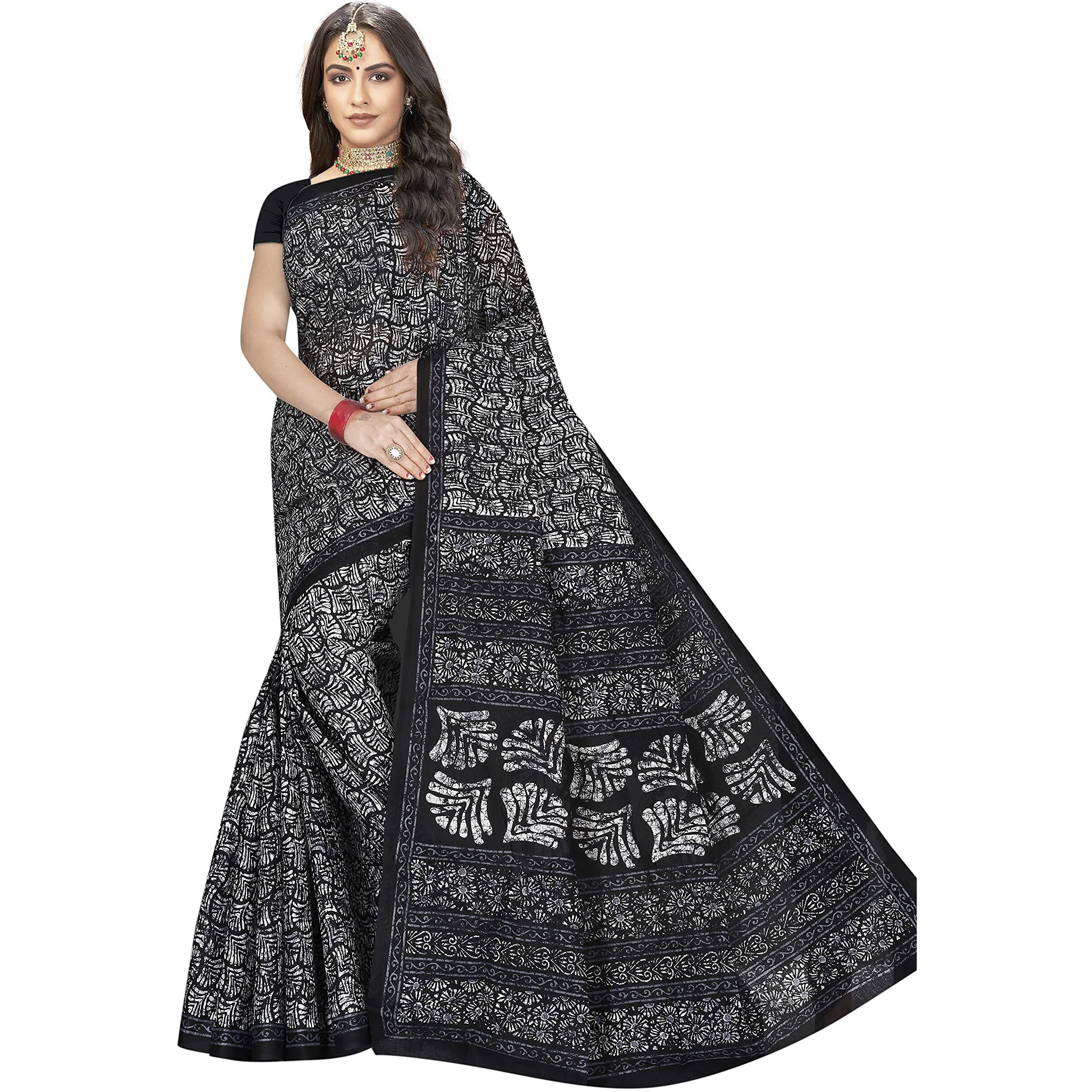 TAMAIRA FASHION Womens Plain Weave Pure Cotton Saree Without Blouse Piece(1654_Black)