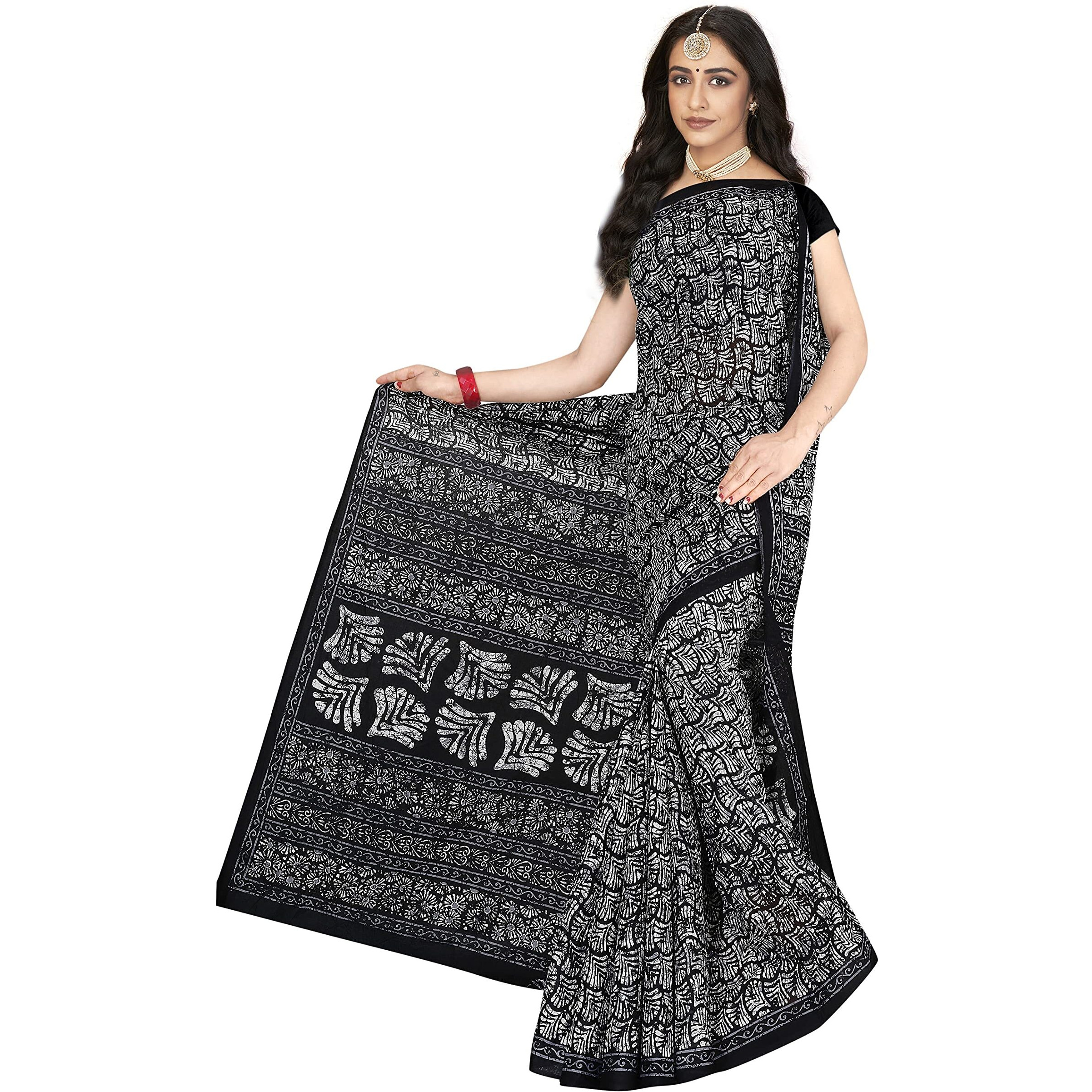 TAMAIRA FASHION Womens Plain Weave Pure Cotton Saree Without Blouse Piece(1654_Black)