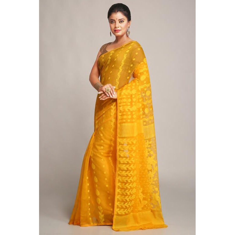 BENGAL HANDLOOM Womens Cotton Silk Dhakai Bbd1 Soft Jamdani Sarees, Yellow