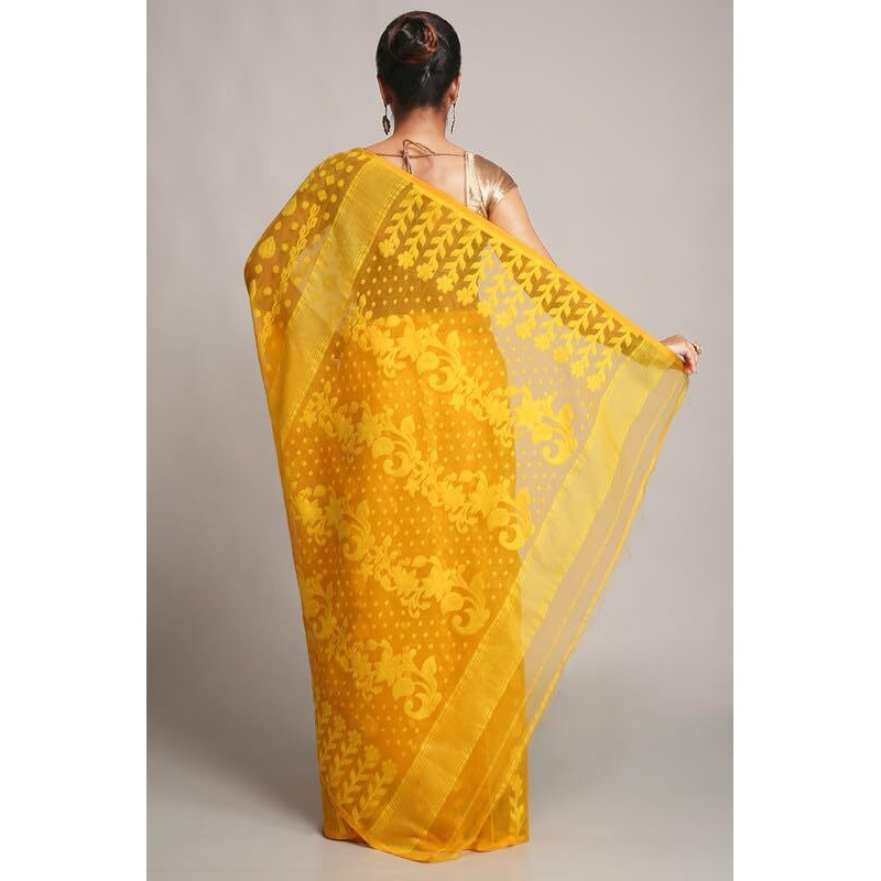 BENGAL HANDLOOM Womens Cotton Silk Dhakai Bbd1 Soft Jamdani Sarees, Yellow