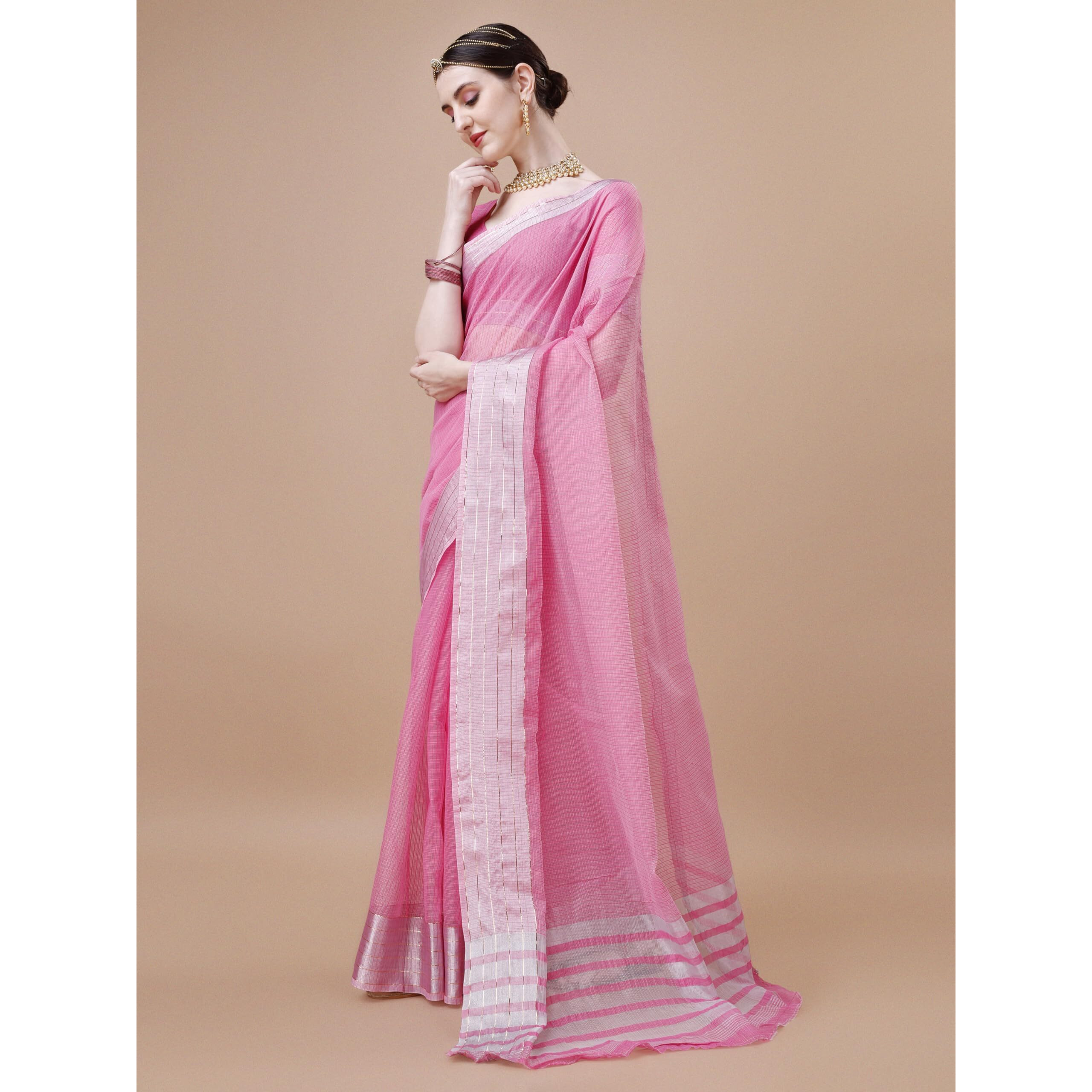 EthnicJunction Womens Cotton Linen Woven Saree With Blouse Piece (Pink)