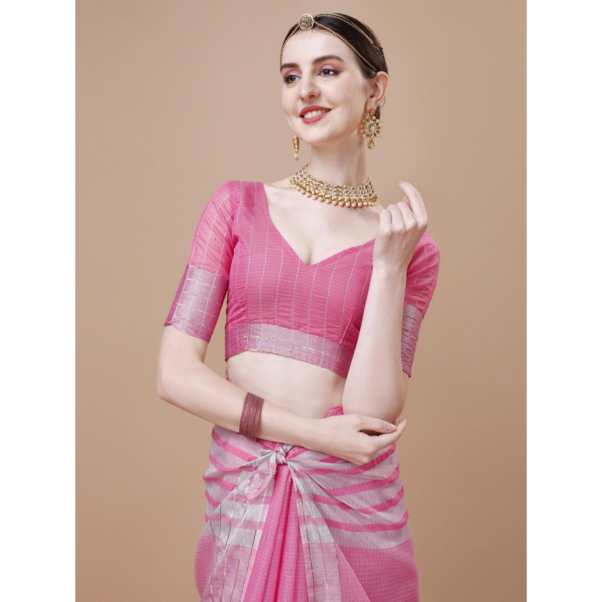 EthnicJunction Womens Cotton Linen Woven Saree With Blouse Piece (Pink)