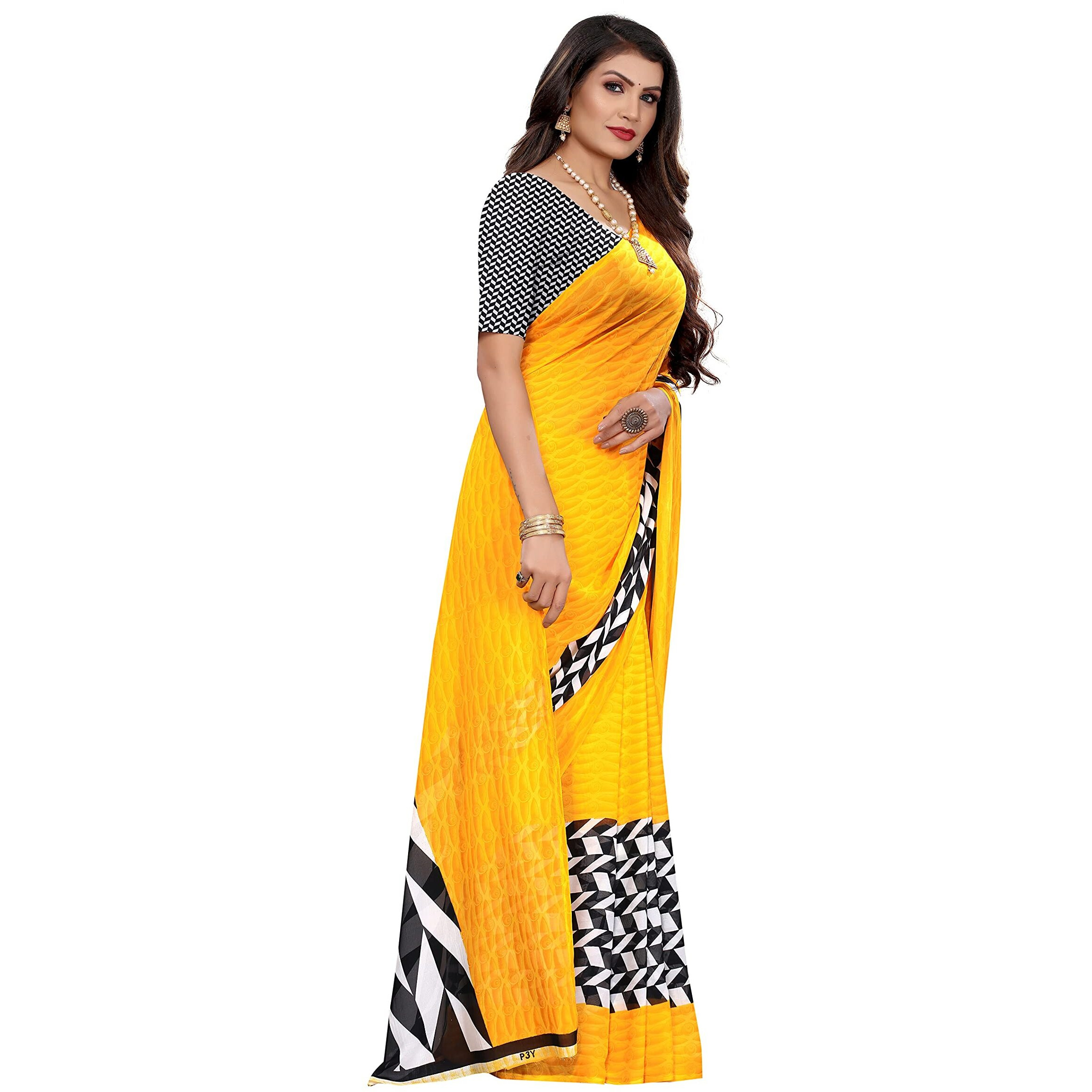 Yashika Womens Pure Georgette Saree With Blouse Piece (Piku Yellow_Yellow)