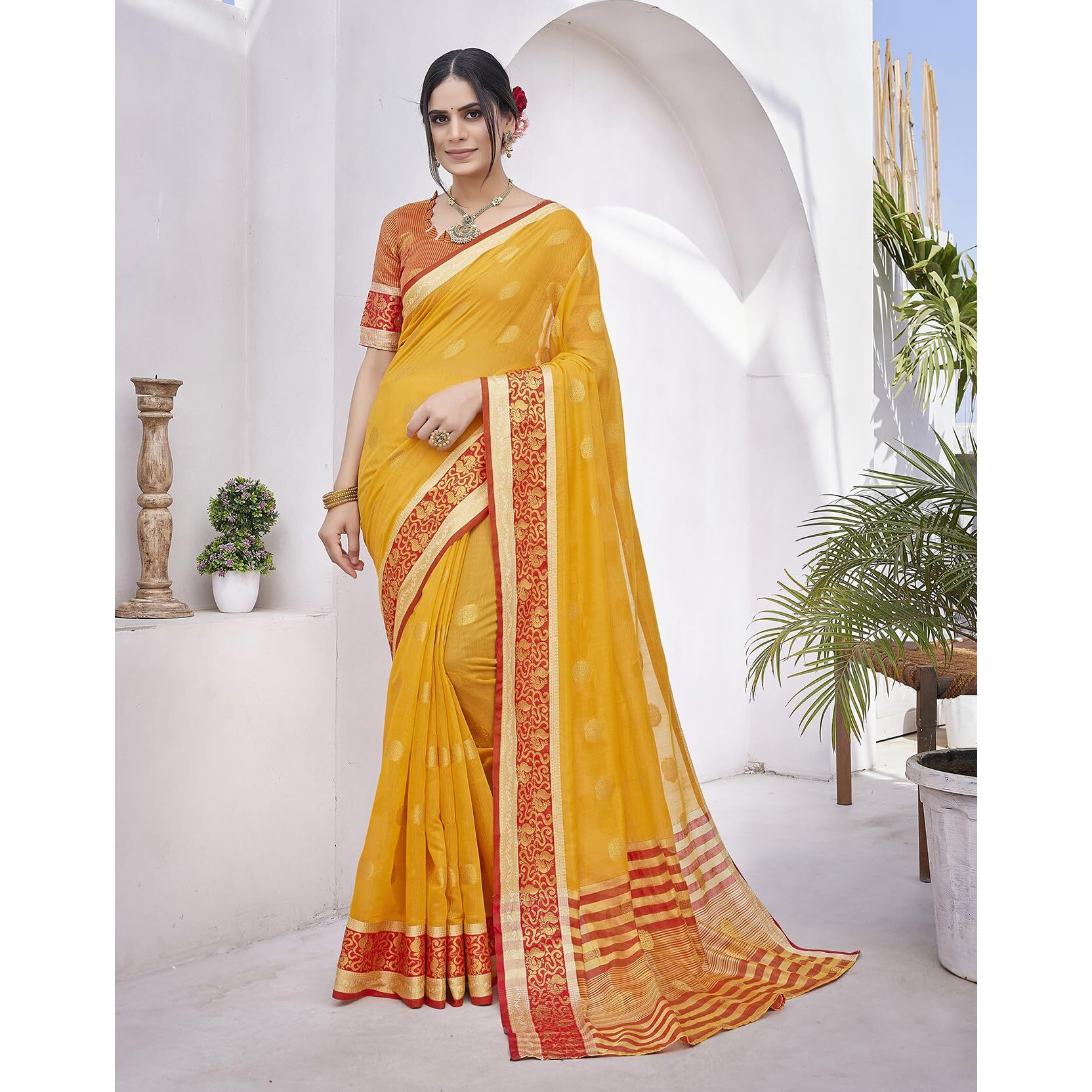 Yashika Womens Georgette Saree Printed Saree With Unstitched Blouse Material - Suitable For All Indian Occasions and Festivals (AZ-YS-OG-HALDI YELLOW)