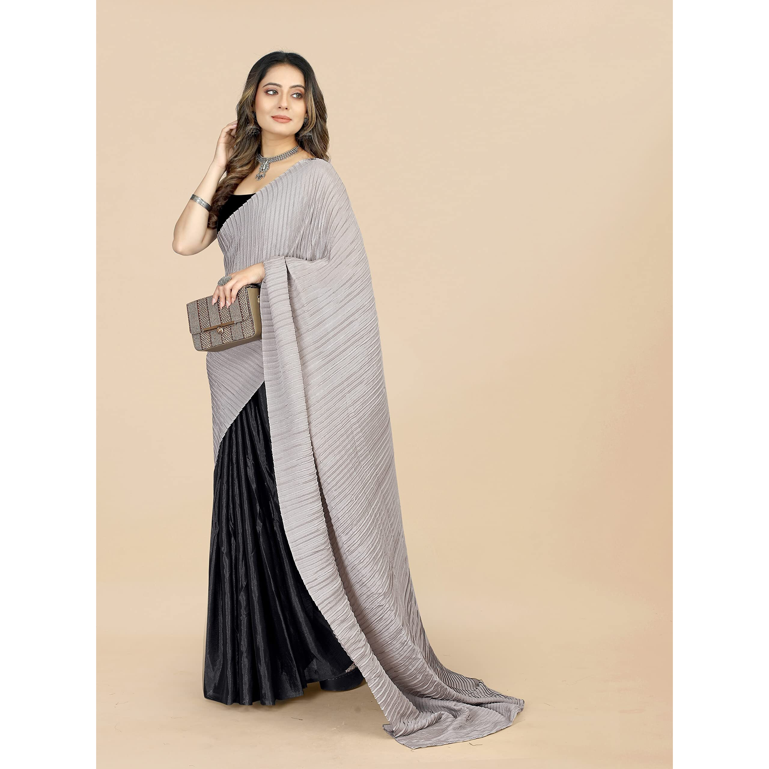 Sidhidata Womens Crushed/Pleated Plain Chinon Saree With Unstitched Blouse Piece (Rupalii Dark Grey_Dark Grey_Free Size)