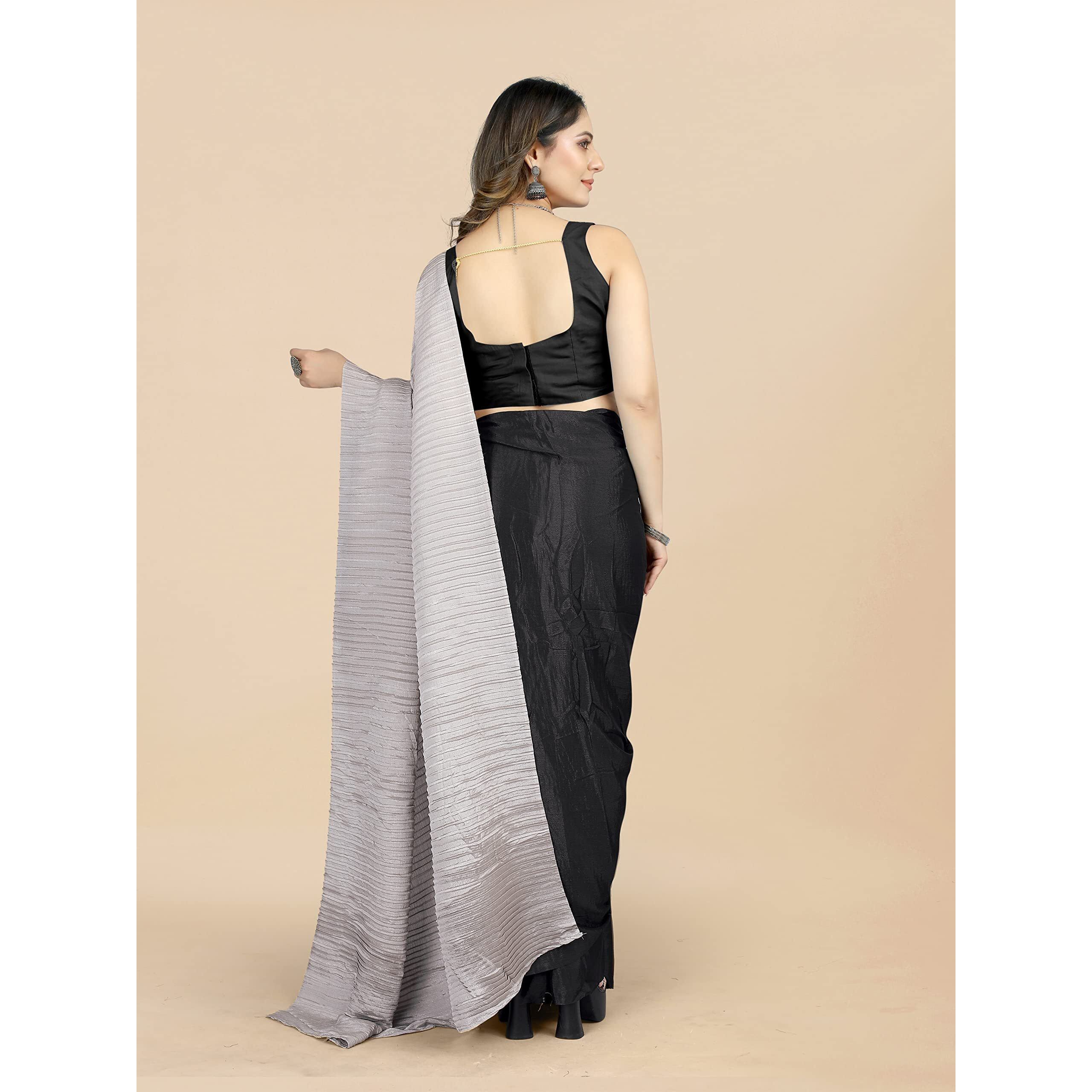 Sidhidata Womens Crushed/Pleated Plain Chinon Saree With Unstitched Blouse Piece (Rupalii Dark Grey_Dark Grey_Free Size)