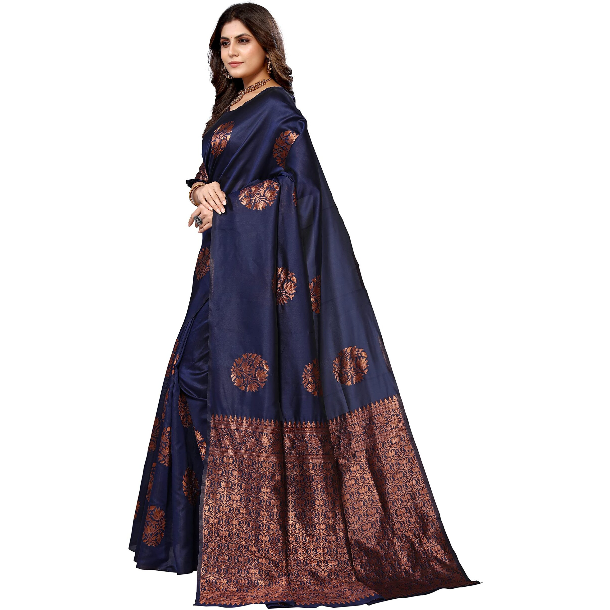 Yashika Womens Banarsi Cotton Silk Standard Length (New MUDRA Navy