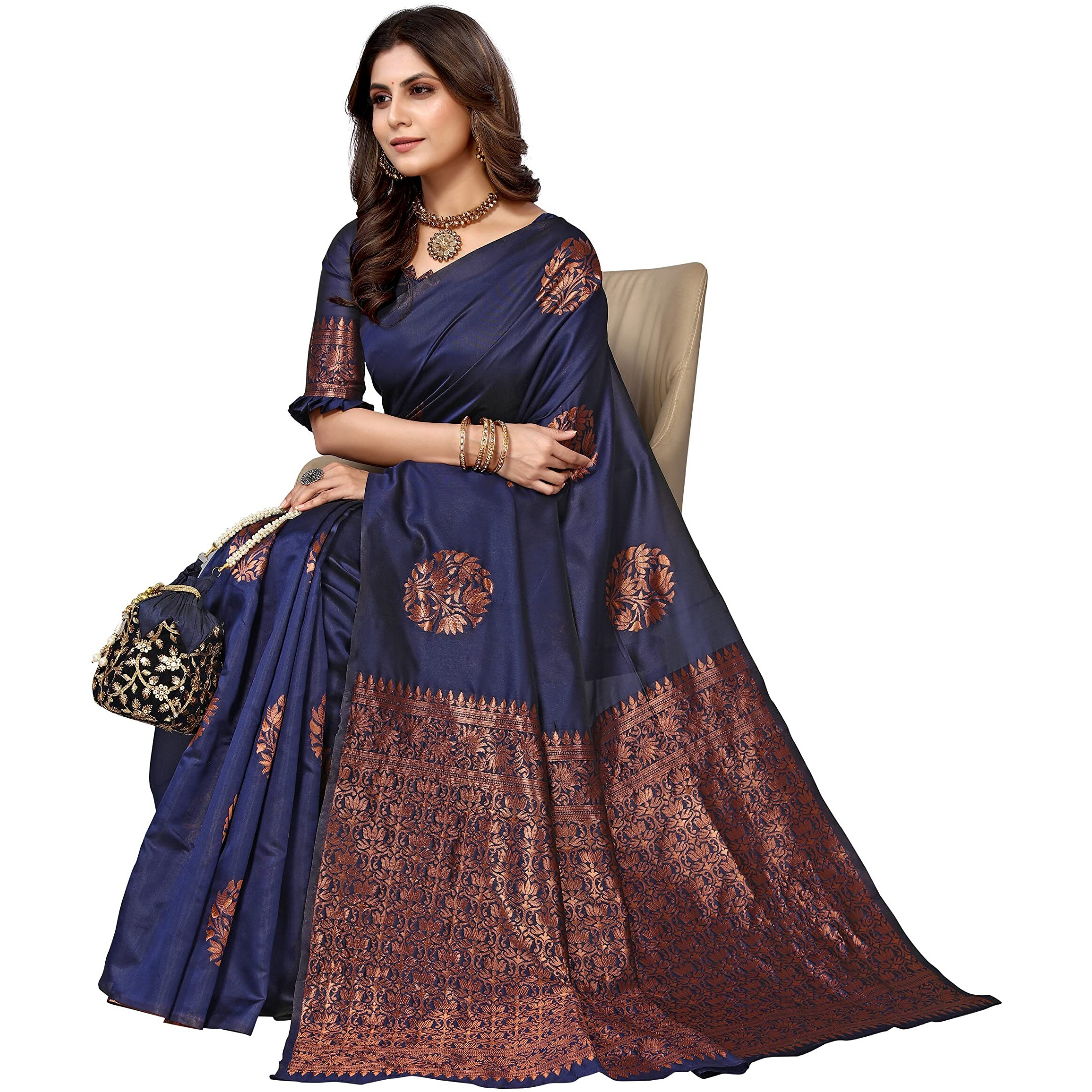 Yashika Womens Banarsi Cotton Silk Standard Length (New MUDRA Navy