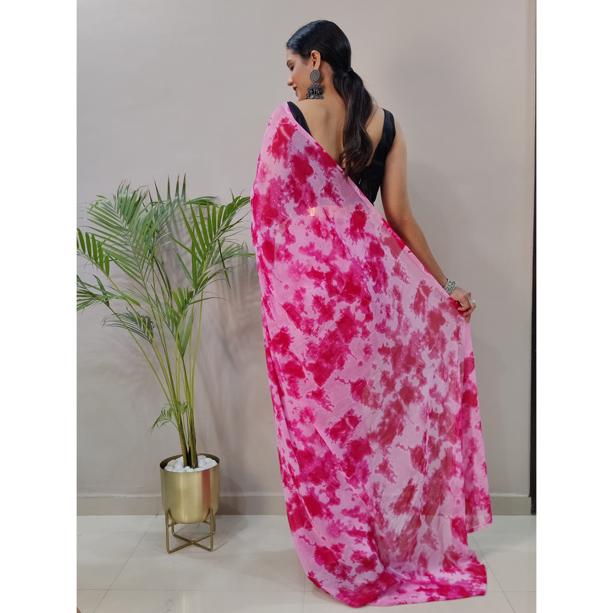 Sidhidata Womens Georgette Printed Ready To Wear 1 Minute saree With Unstitched Blouse Piece (Free Size) (Pink, Without Belt)