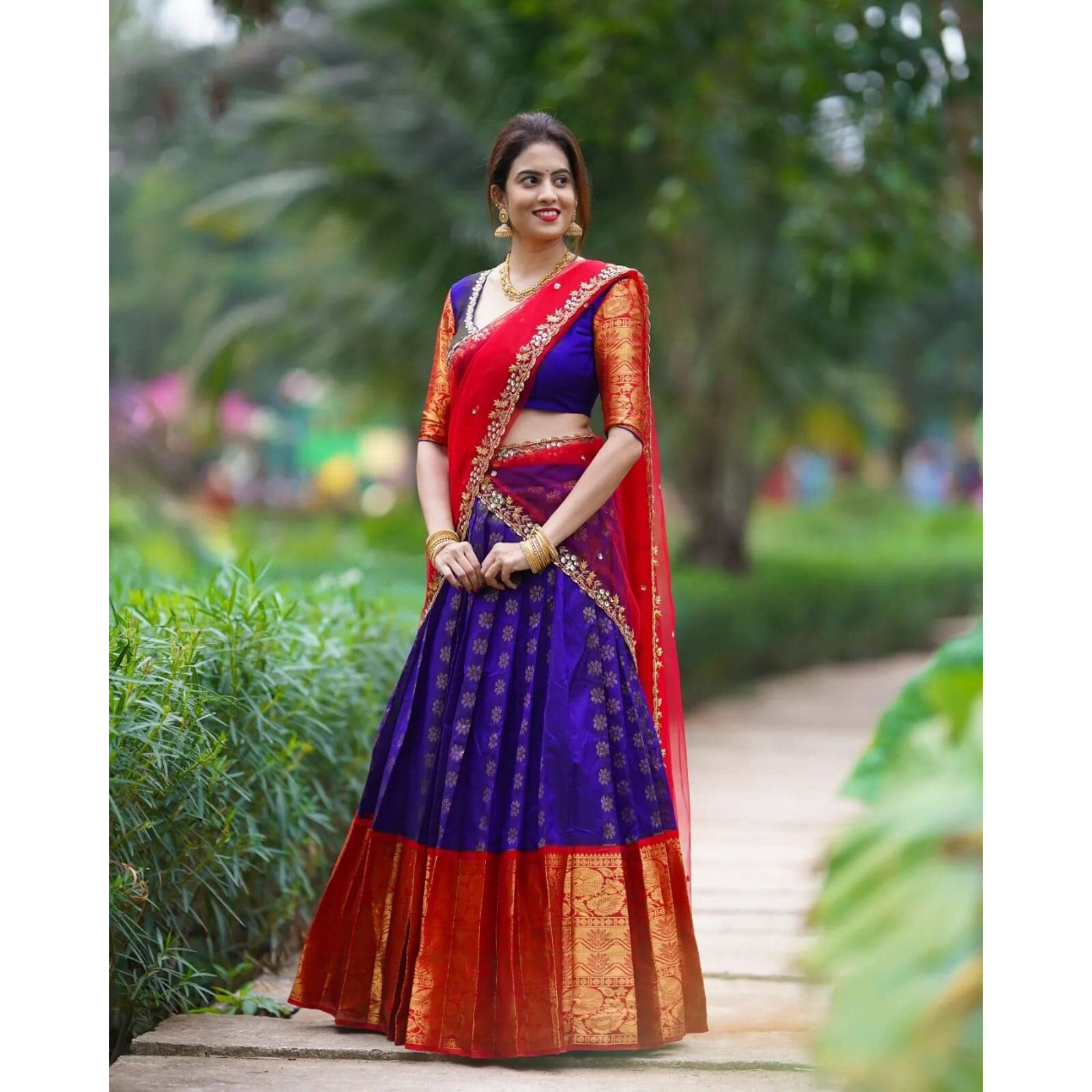 ZECVA Womens Traditional Kanjivaram Kanchipuram Silk Zari Weaving Unstitched Lehenga Choli Set Half Saree, Multicolor