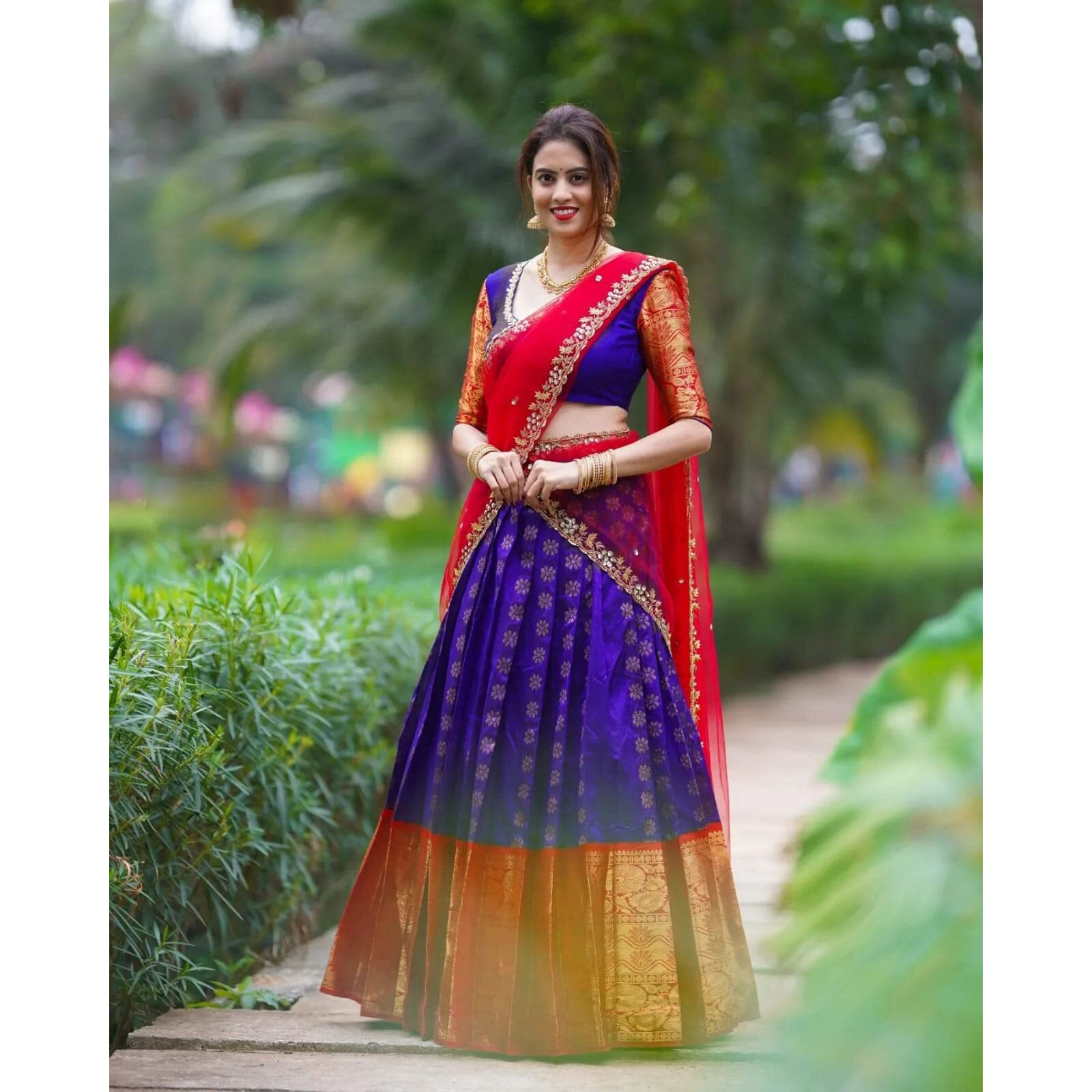 ZECVA Womens Traditional Kanjivaram Kanchipuram Silk Zari Weaving Unstitched Lehenga Choli Set Half Saree, Multicolor