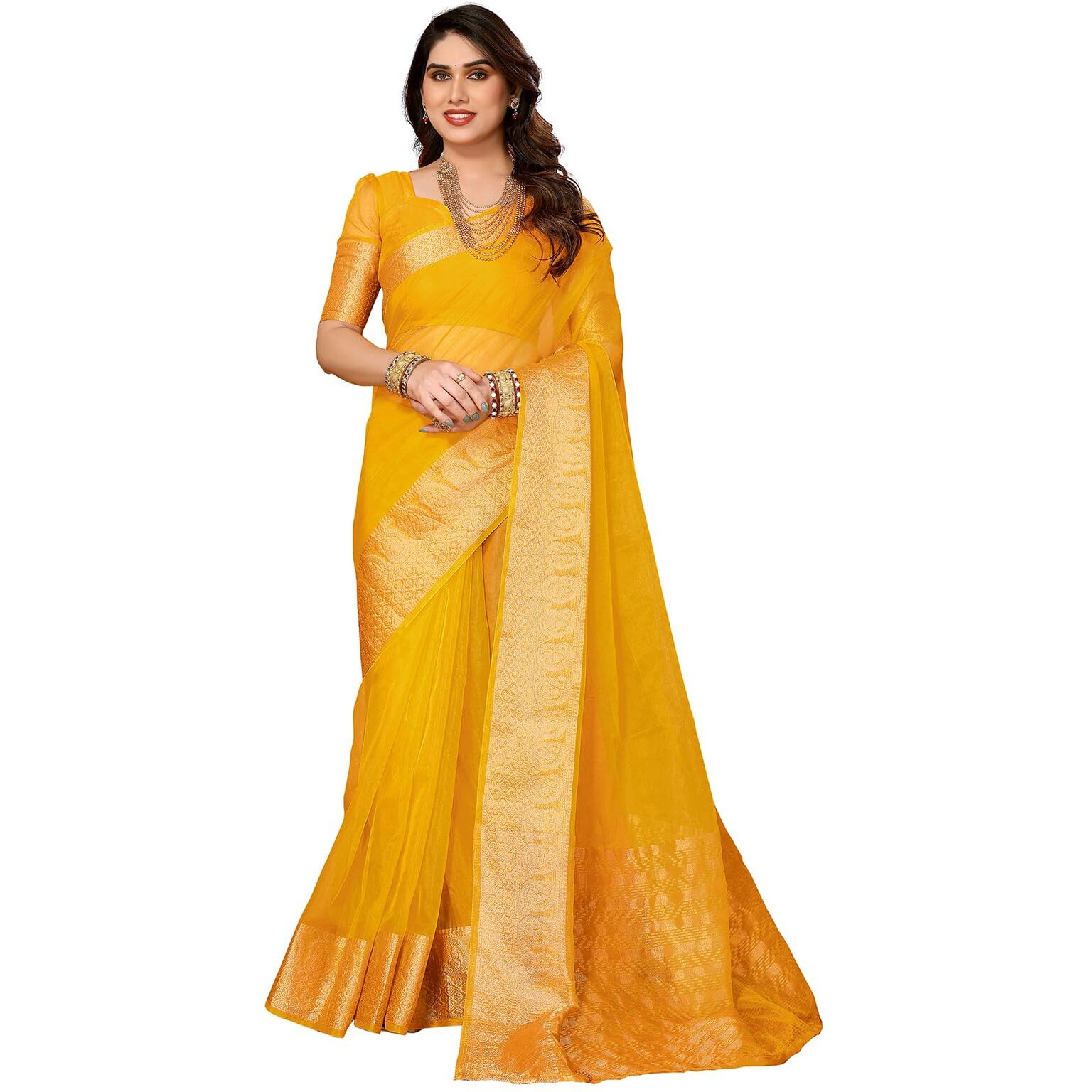 SIRIL Womens Jacquard Border Organza Saree with Unstitched Blouse Piece (3276S252A_Yellow)