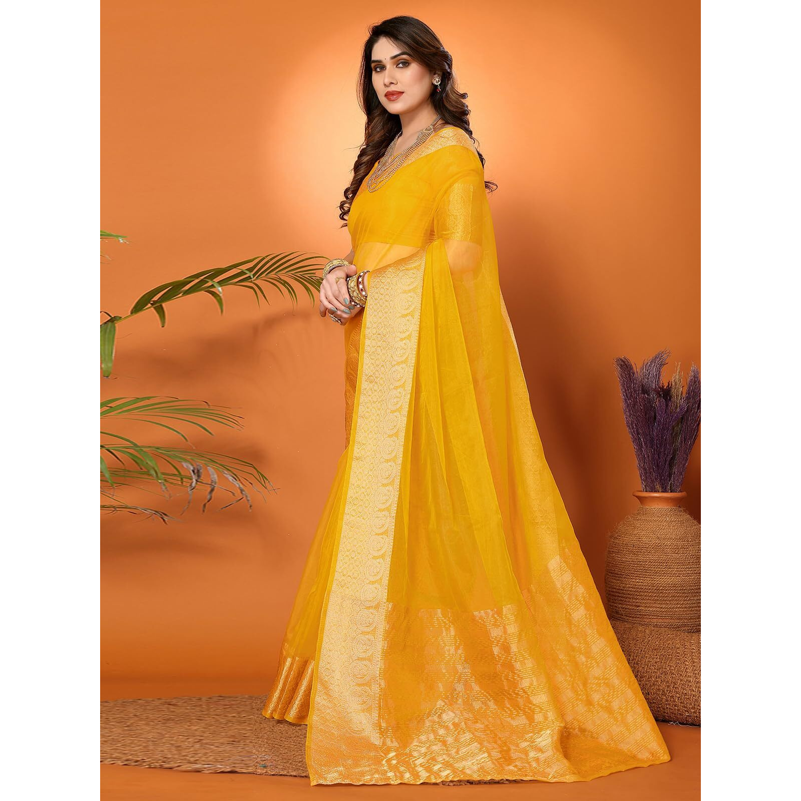 SIRIL Womens Jacquard Border Organza Saree with Unstitched Blouse Piece (3276S252A_Yellow)
