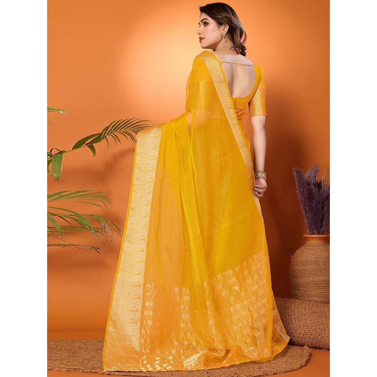 SIRIL Womens Jacquard Border Organza Saree with Unstitched Blouse Piece (3276S252A_Yellow)
