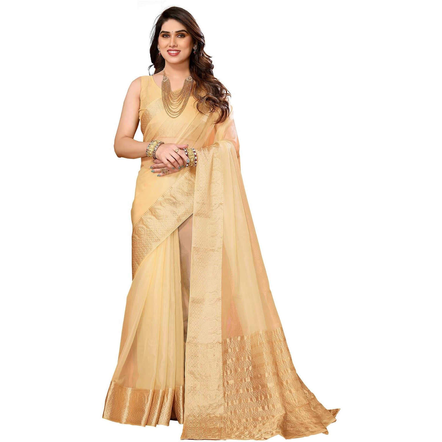 SIRIL Womens Jacquard Border Organza Saree with Unstitched Blouse Piece (3276S253A_Cream)