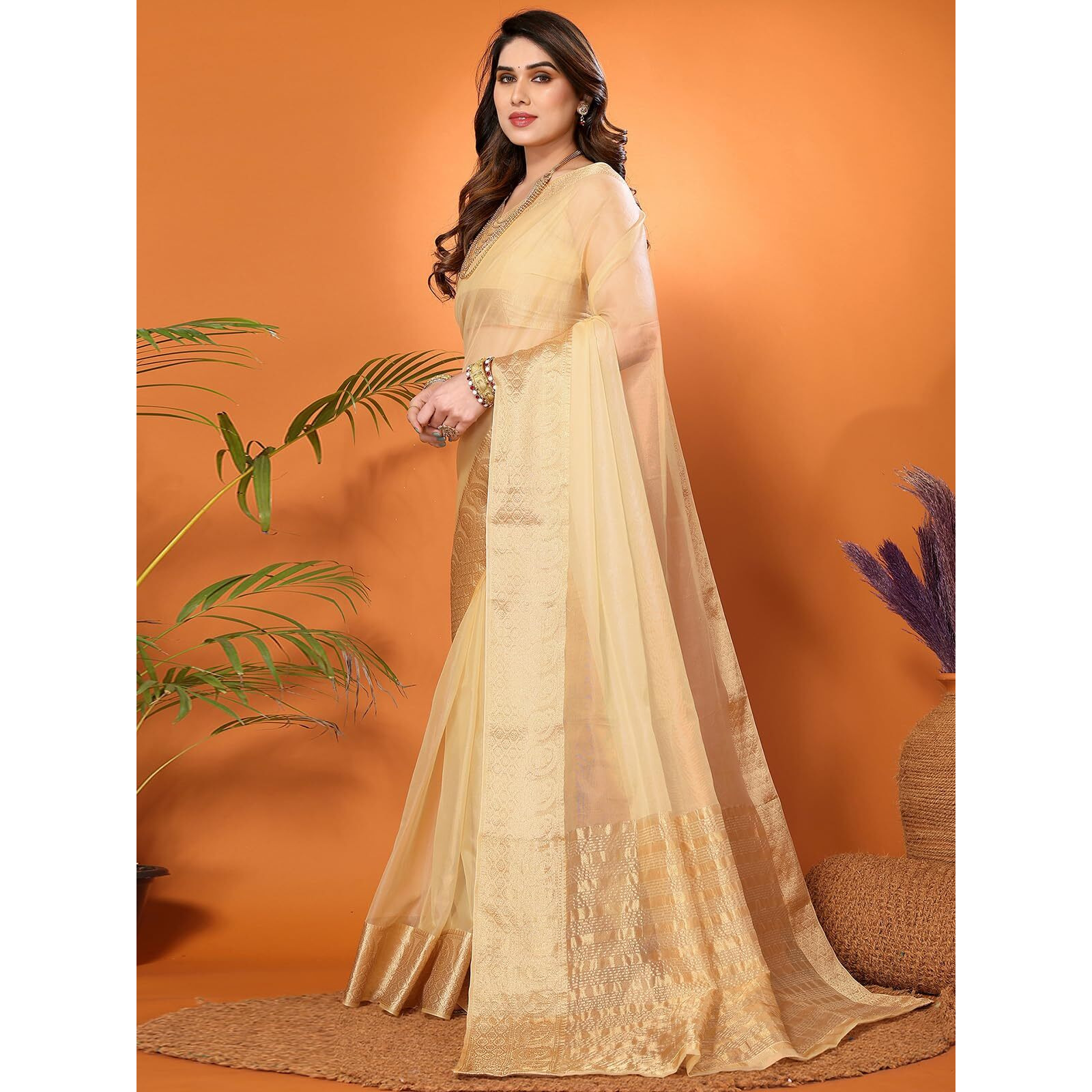 SIRIL Womens Jacquard Border Organza Saree with Unstitched Blouse Piece (3276S253A_Cream)
