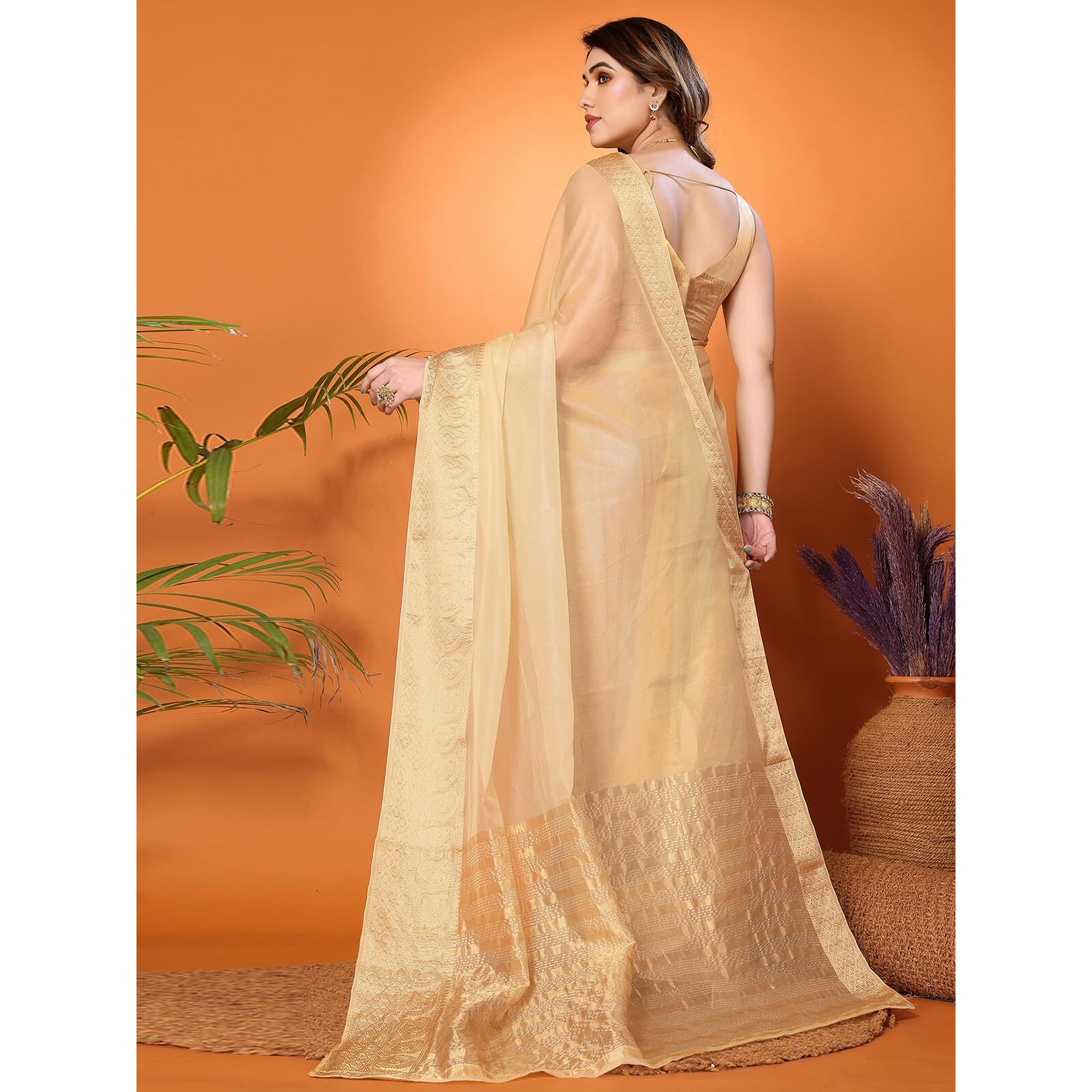SIRIL Womens Jacquard Border Organza Saree with Unstitched Blouse Piece (3276S253A_Cream)