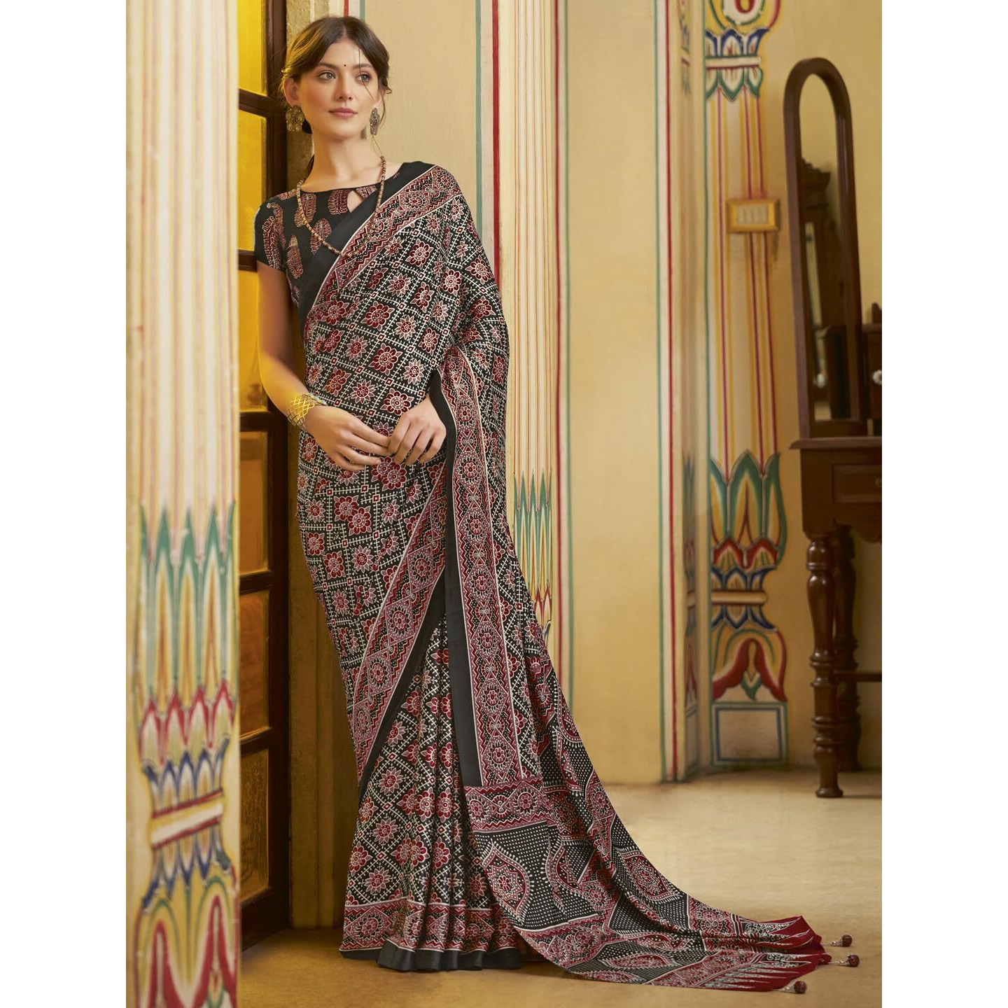 SAREE MALL Womens Ajrak Crepe Satin Printed Saree With Unstitched Blouse Piece(Black_MOHAR203B_HS)