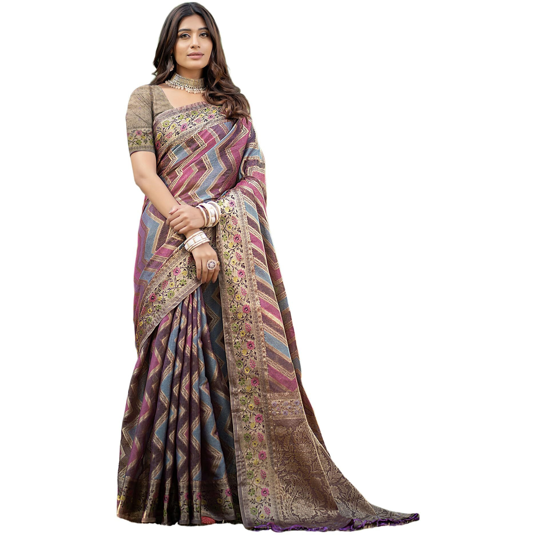 SIRIL Womens Organza Jacquard Saree With Unstitched Blouse Piece (3414S206_Purple)