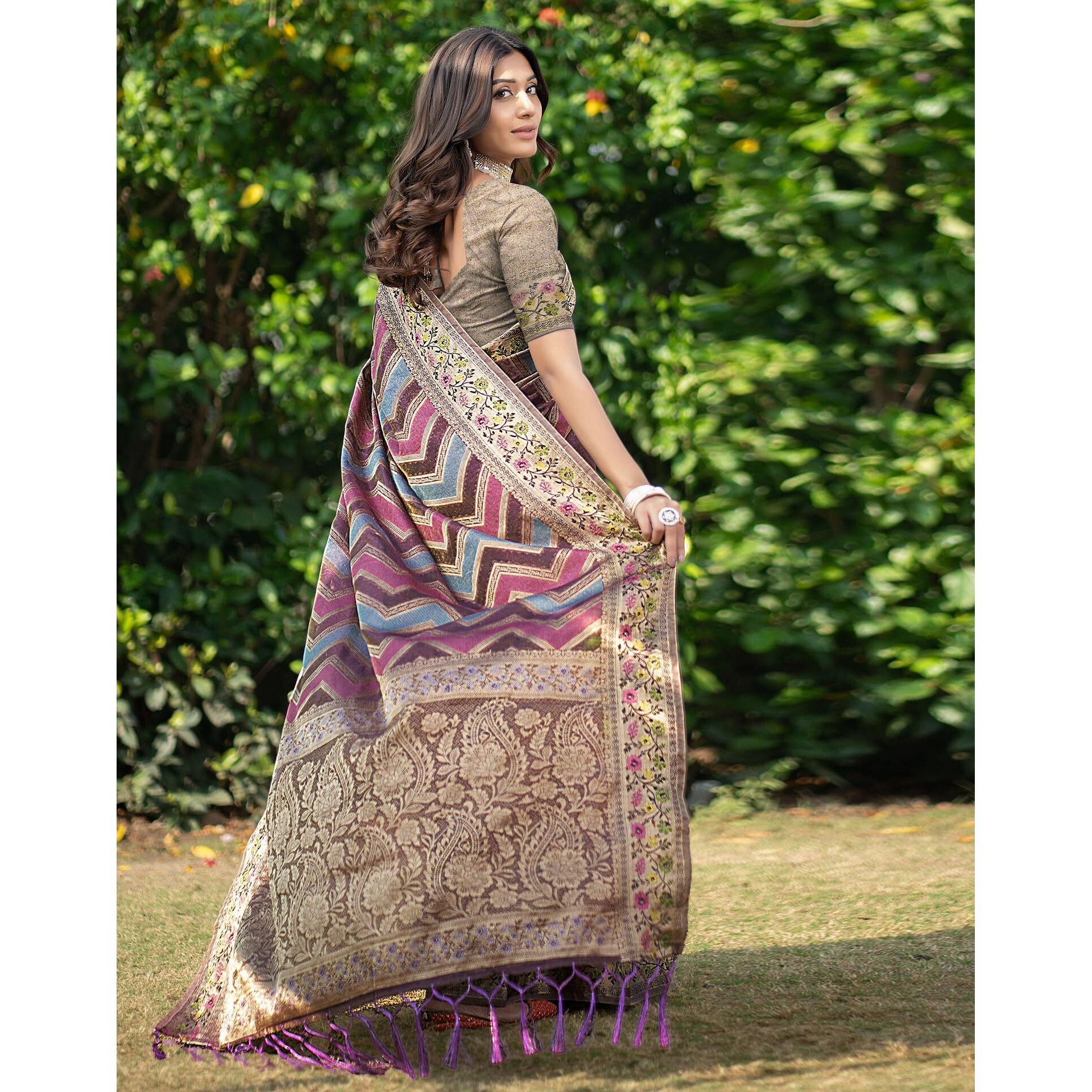 SIRIL Womens Organza Jacquard Saree With Unstitched Blouse Piece (3414S206_Purple)