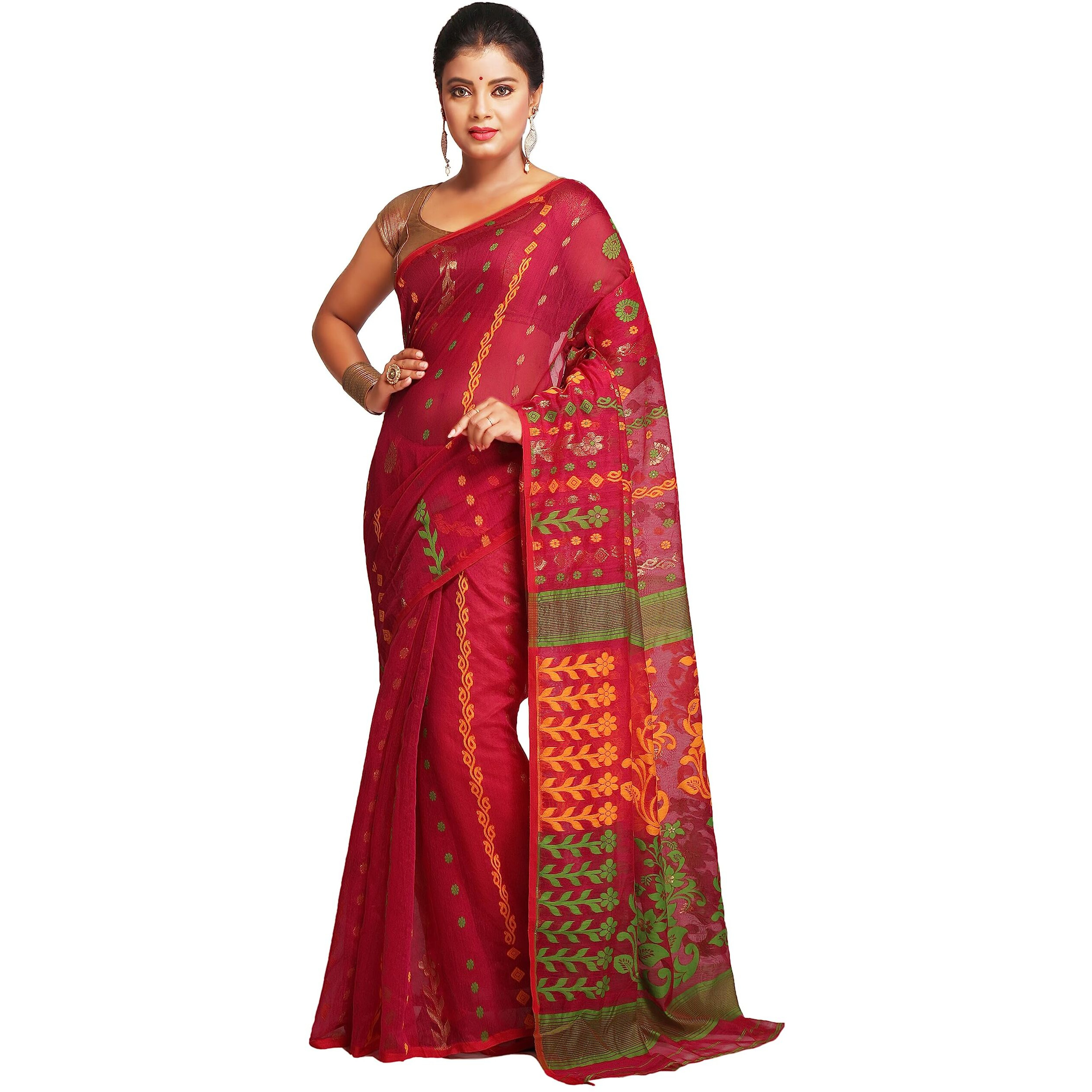 BENGAL HANDLOOM Womens Cotton Silk Dhakai Bbd1 Soft Jamdani Sarees, Multi