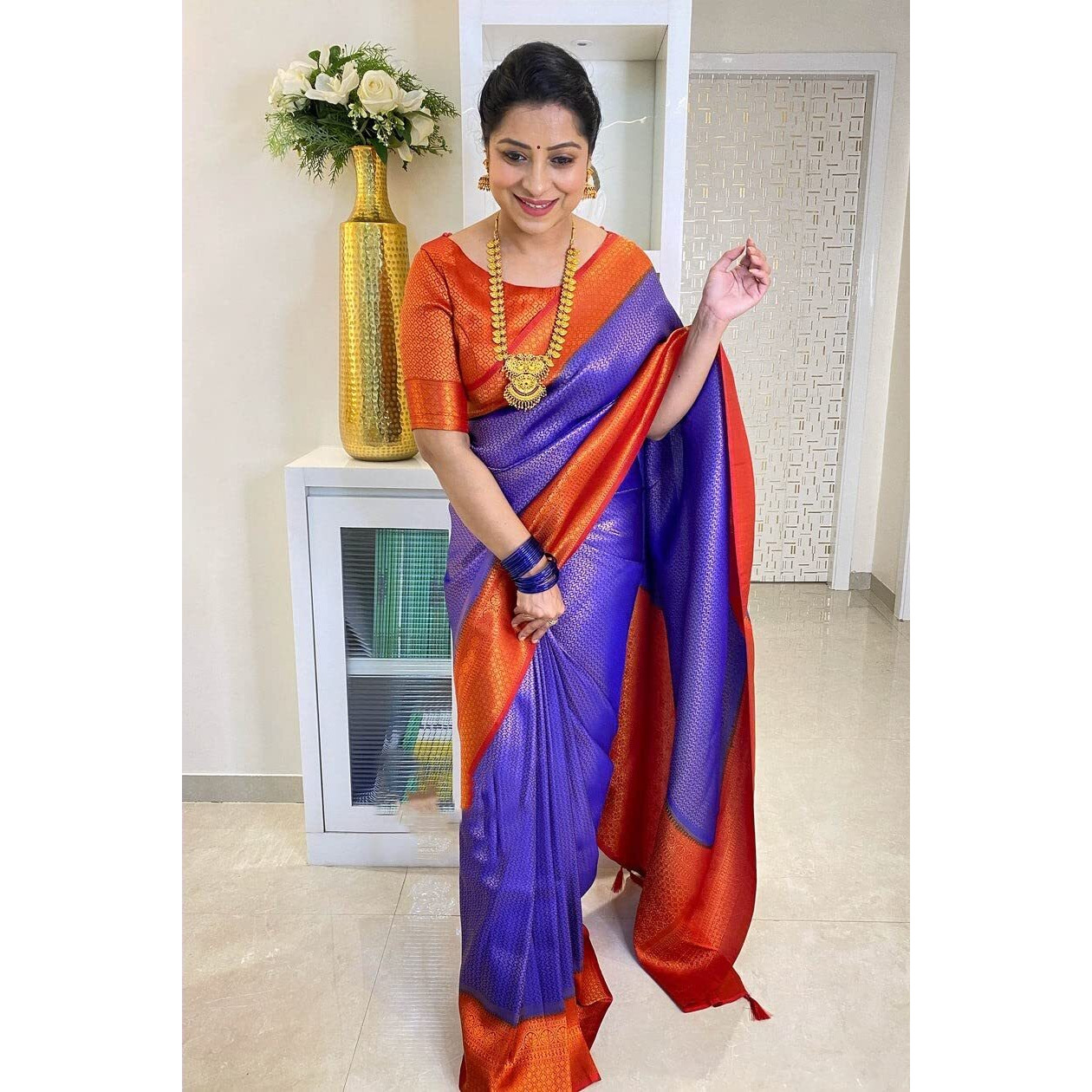 SGF11 Womens Kanjivaram Soft Lichi Silk Saree With Blouse Piece (Blue)