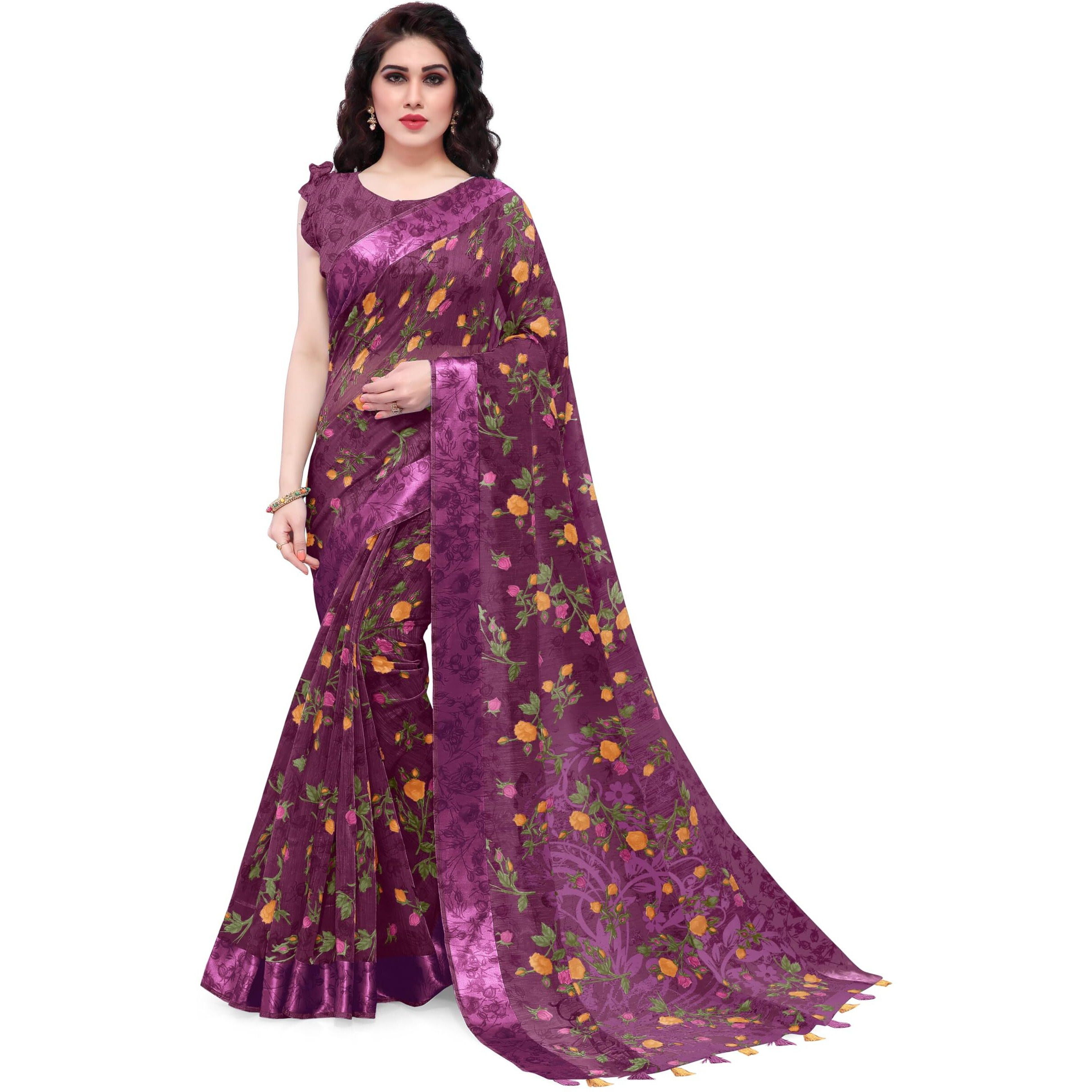 MIRCHI FASHION Womens Plain Weave Cotton Blend Floral Printed Saree with Blouse Piece (33189-Wine)