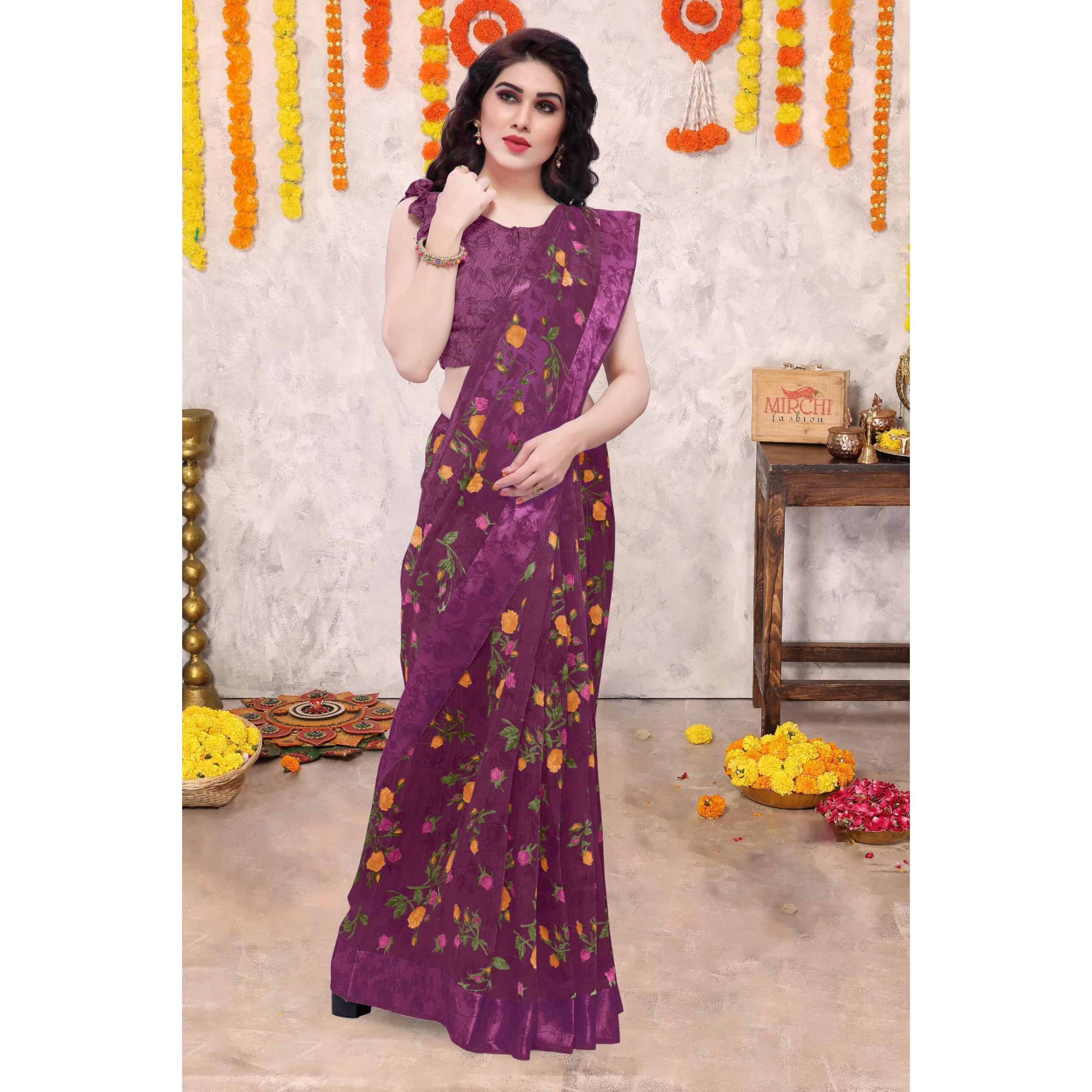 MIRCHI FASHION Womens Plain Weave Cotton Blend Floral Printed Saree with Blouse Piece (33189-Wine)