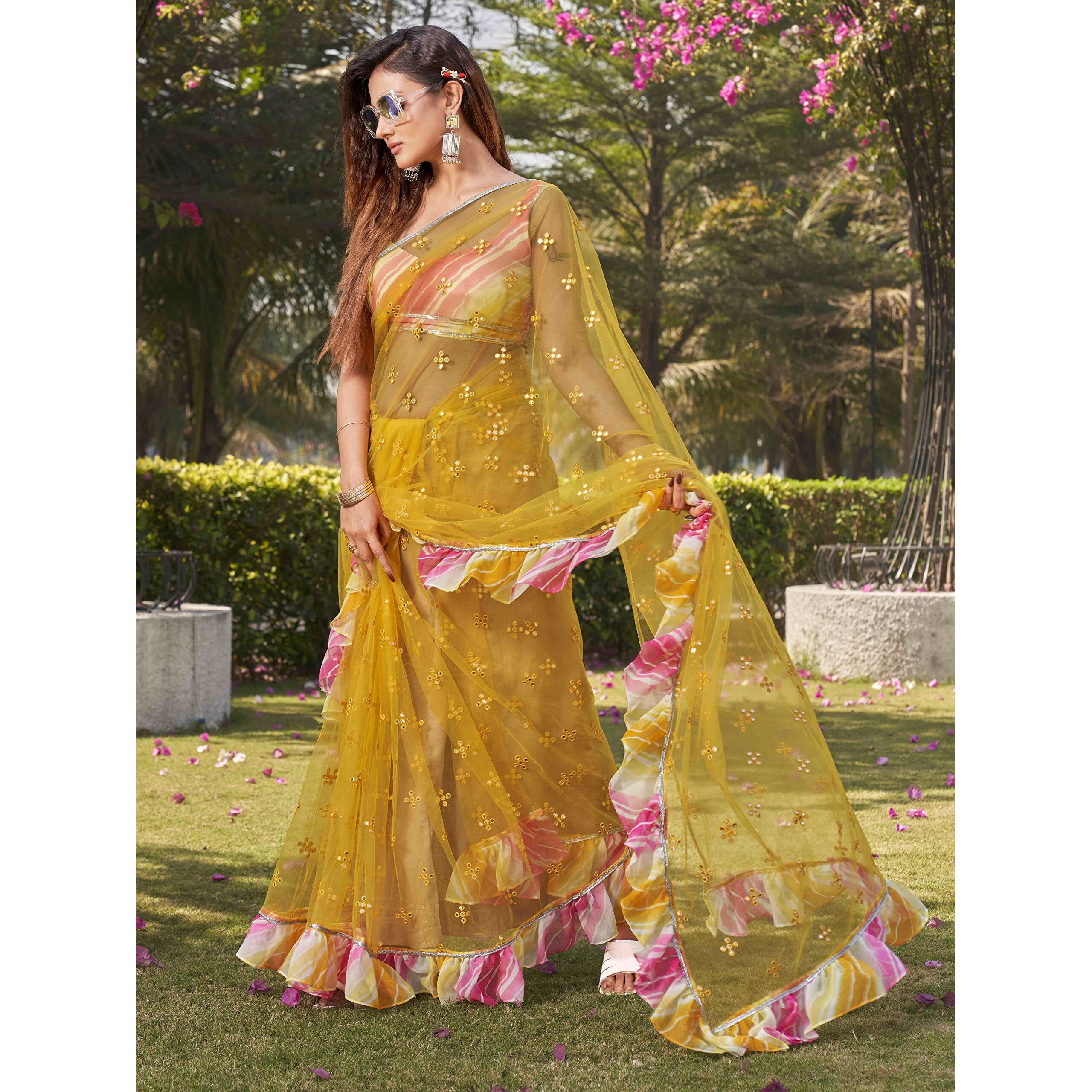 Womanista Womens Mirror Work Net Sarees (TI3392_Yellow)