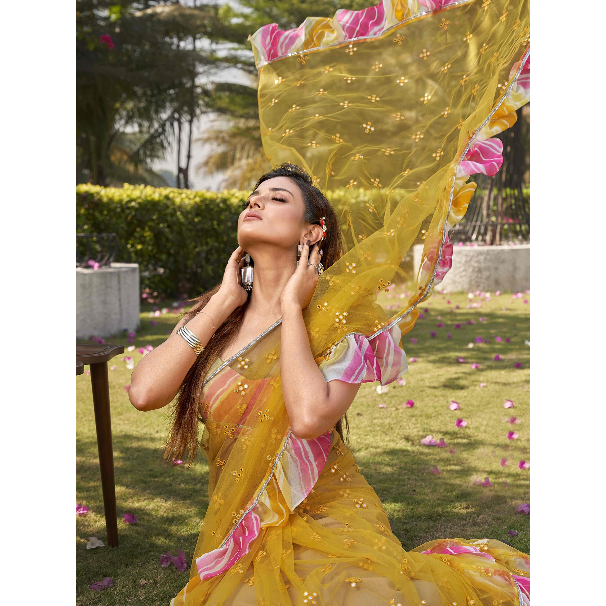 Womanista Womens Mirror Work Net Sarees (TI3392_Yellow)